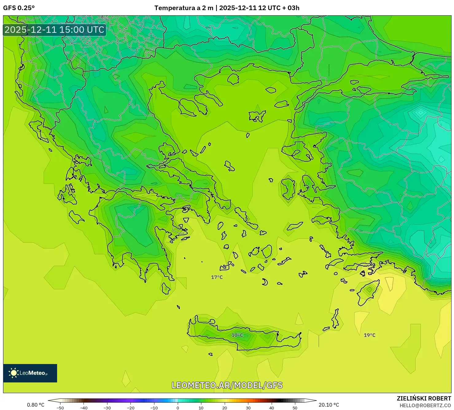 GFS model - Grecia, Temperatura a 2 m