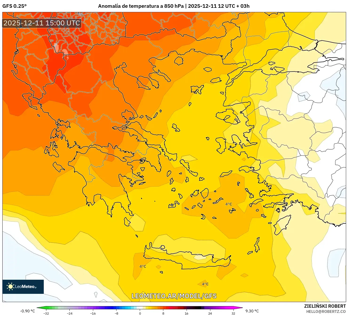 GFS model - Grecia, Anomalía de temperatura a 850 hPa
