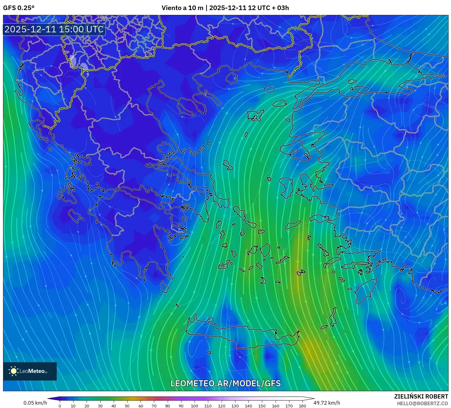 GFS model - Grecia, Viento a 10 m