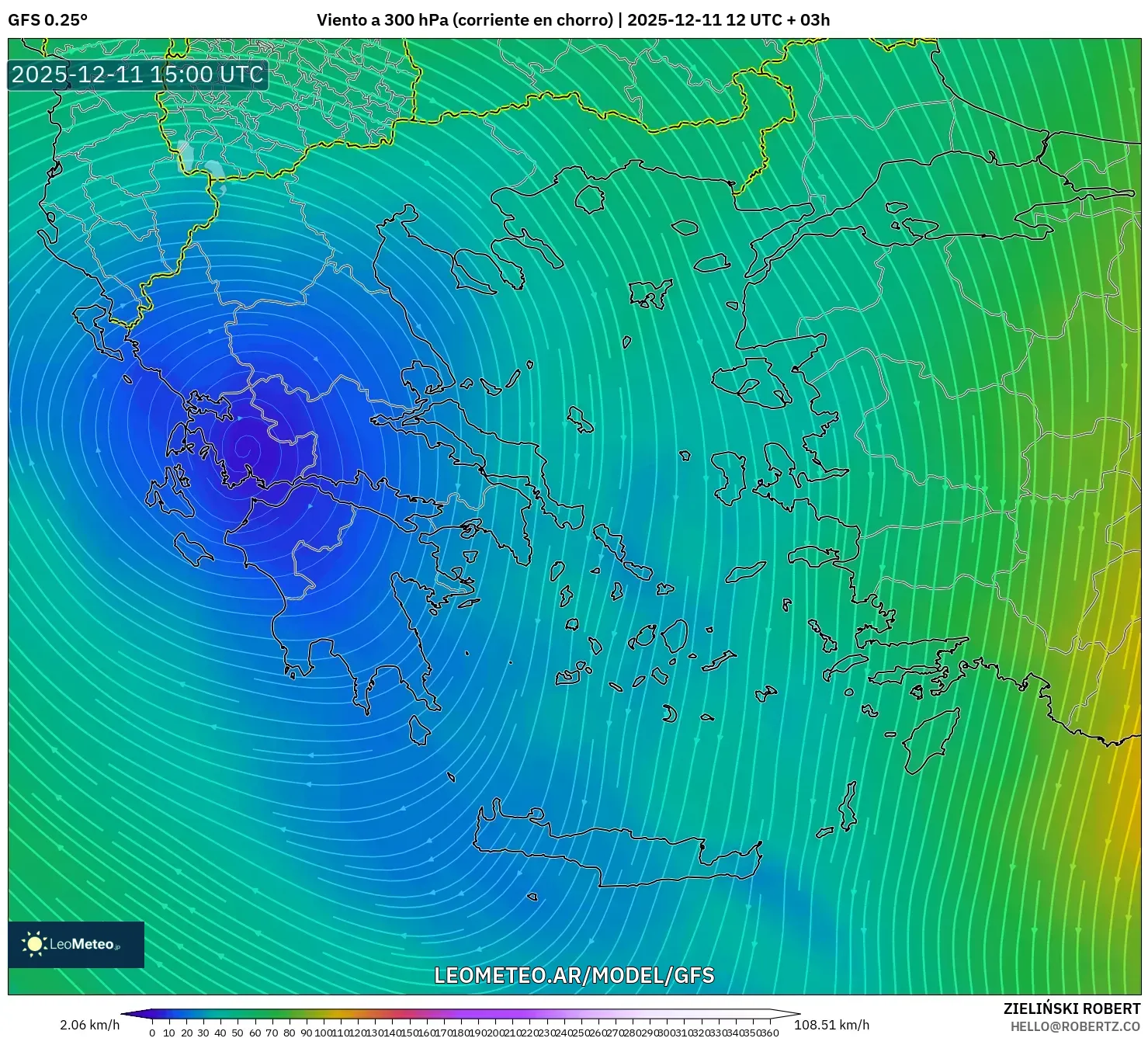 GFS model - Grecia, Viento a 300 hPa (corriente en chorro)