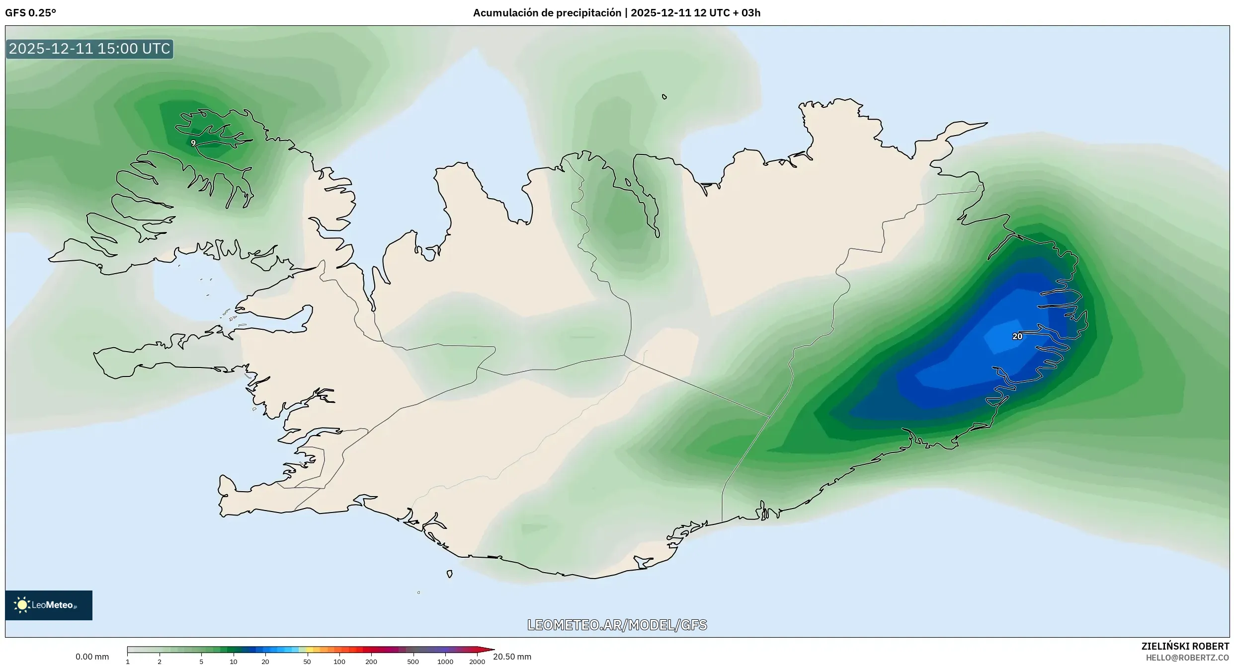 GFS model - Islandia, Acumulación de precipitación