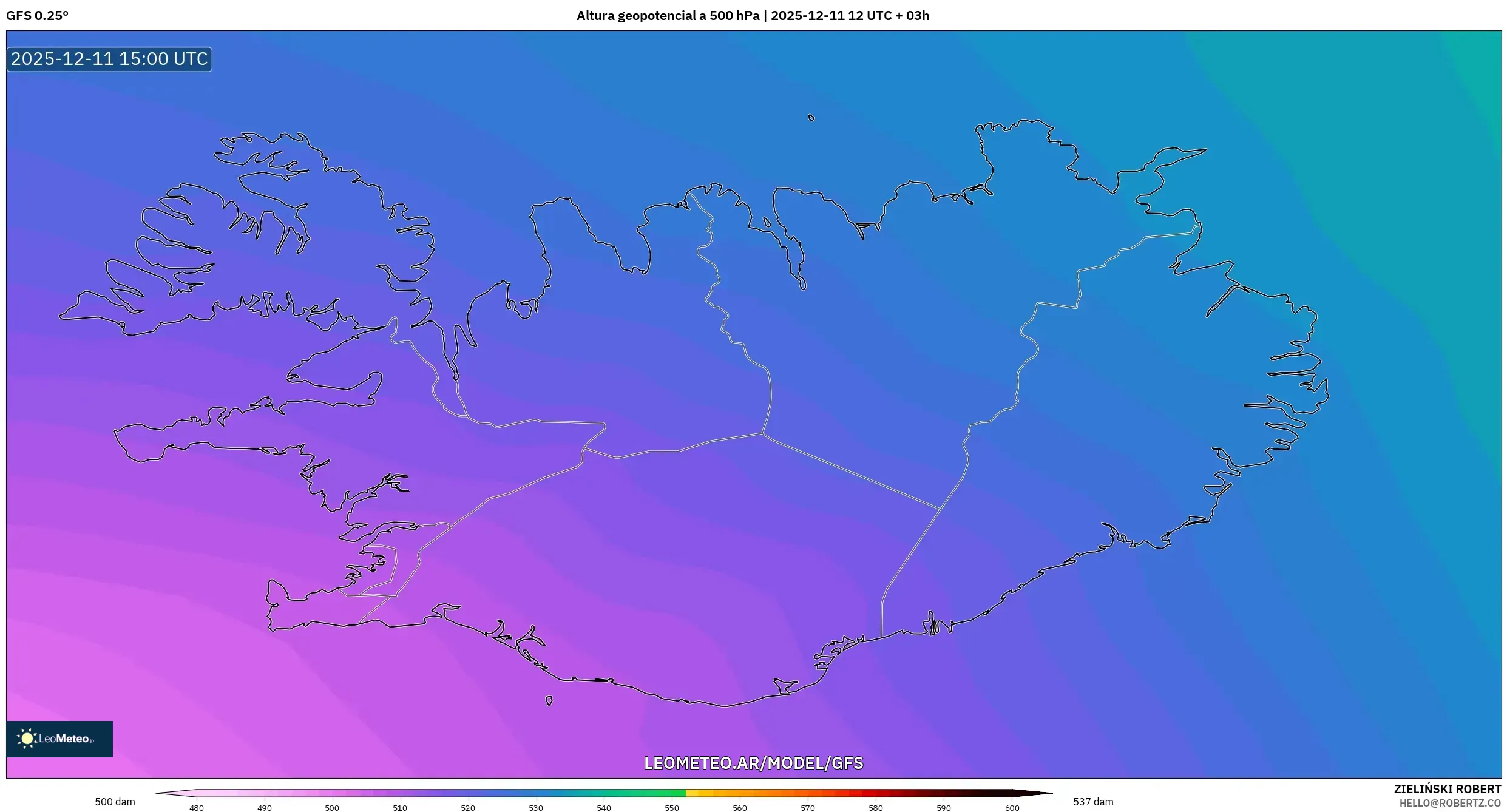 GFS model - Islandia, Altura geopotencial a 500 hPa