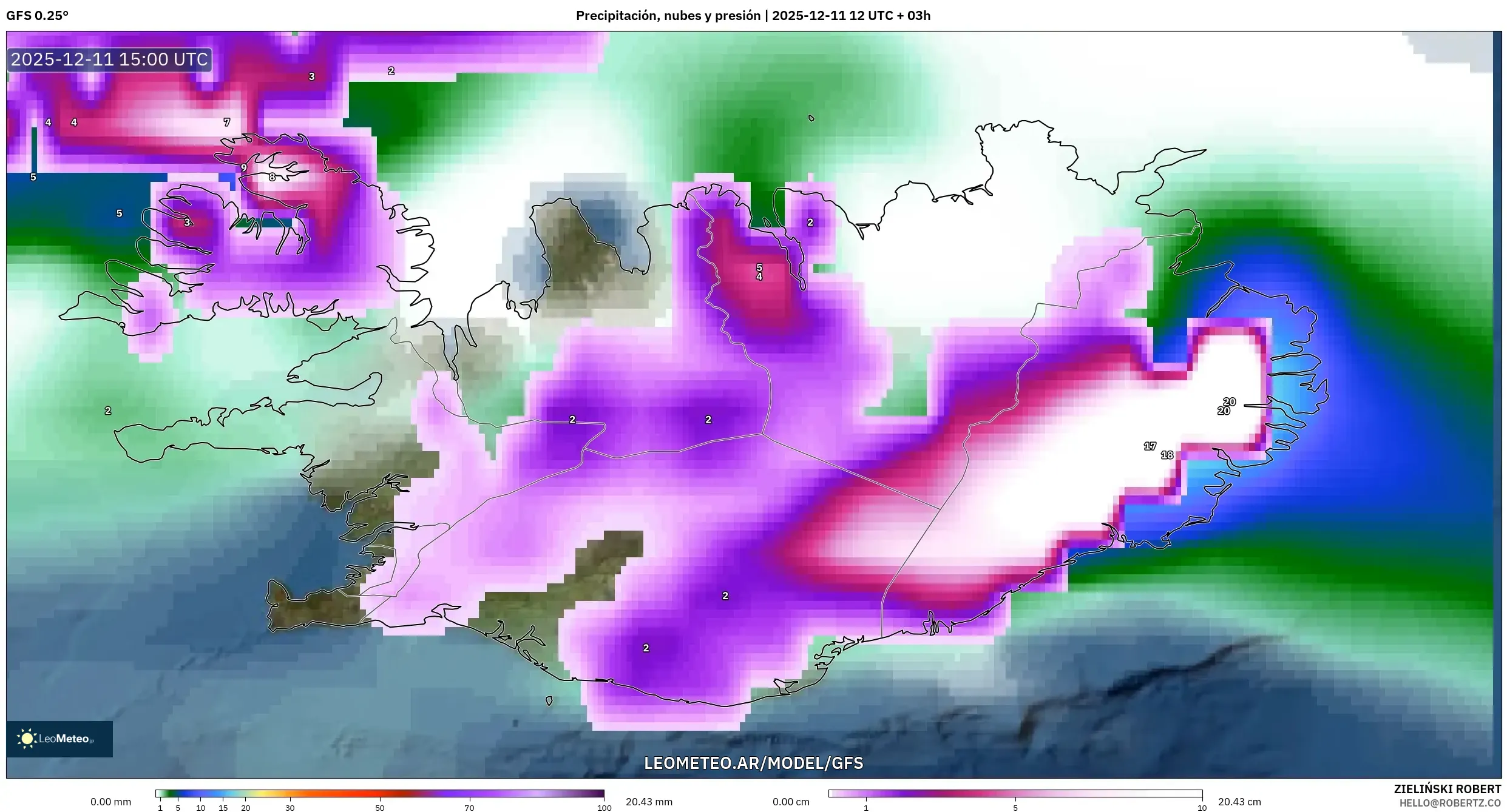 GFS model - Islandia, Precipitación, nubes y presión