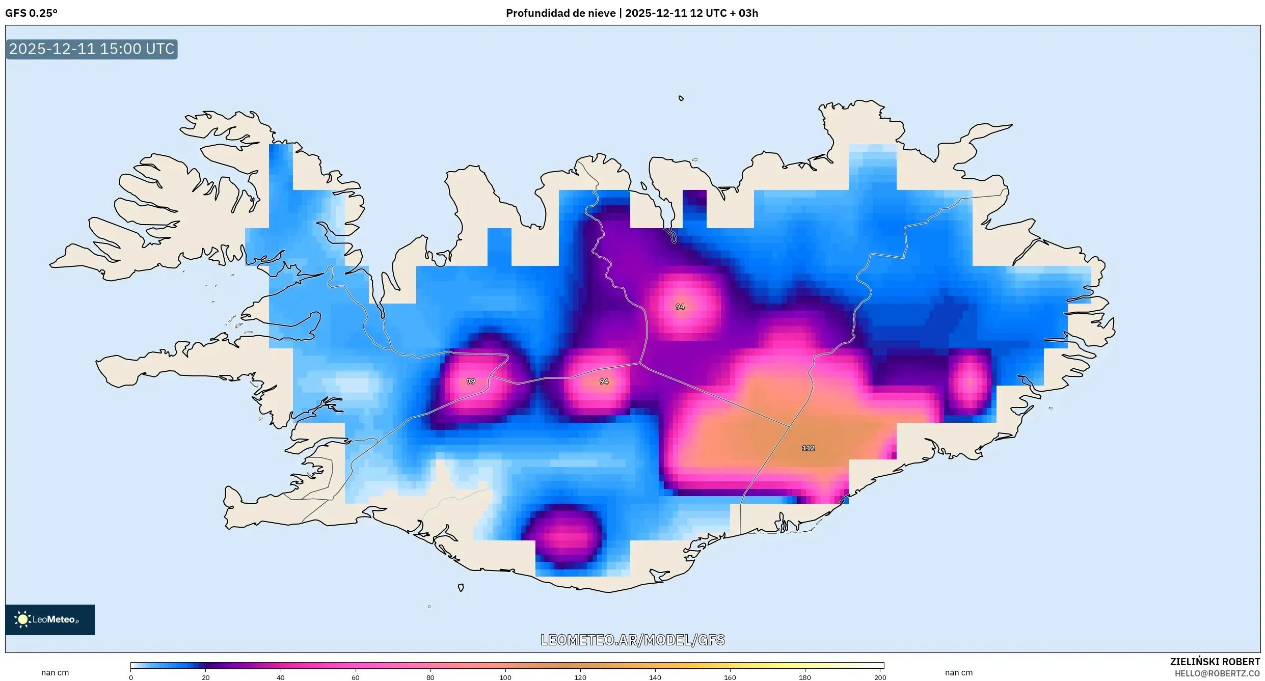 GFS model - Islandia, Profundidad de nieve