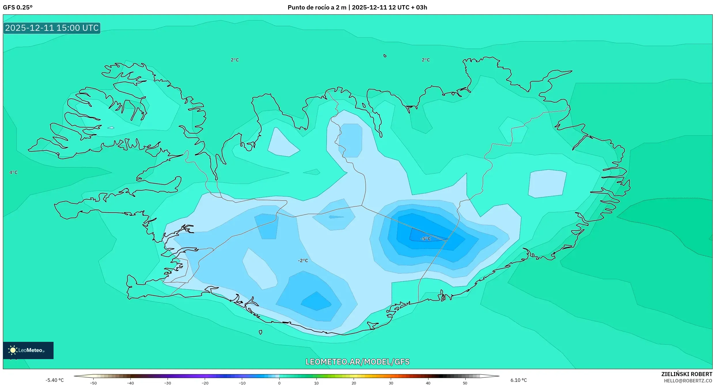 GFS model - Islandia, Punto de rocío a 2 m