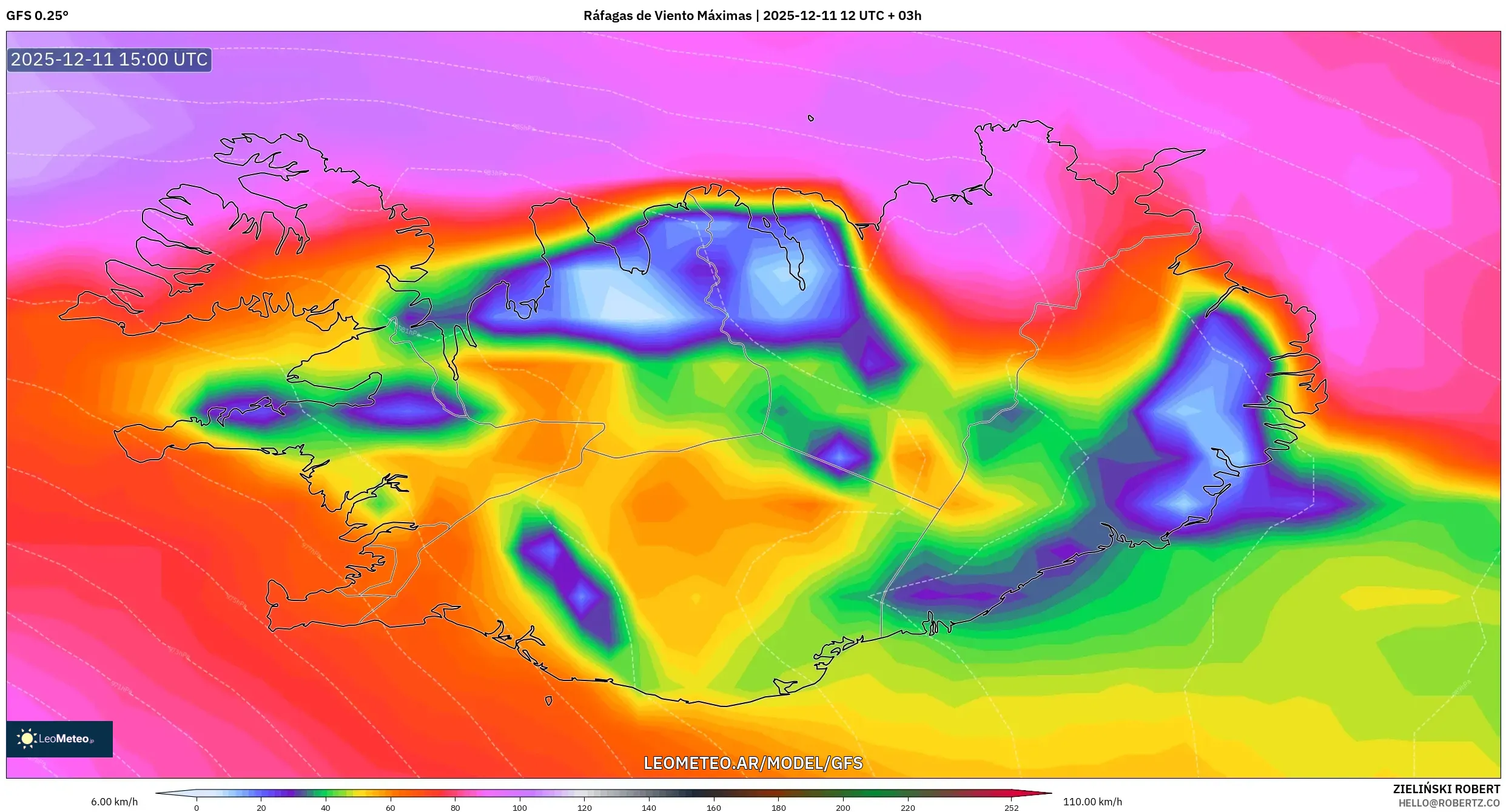 GFS model - Islandia, Ráfagas de Viento Máximas