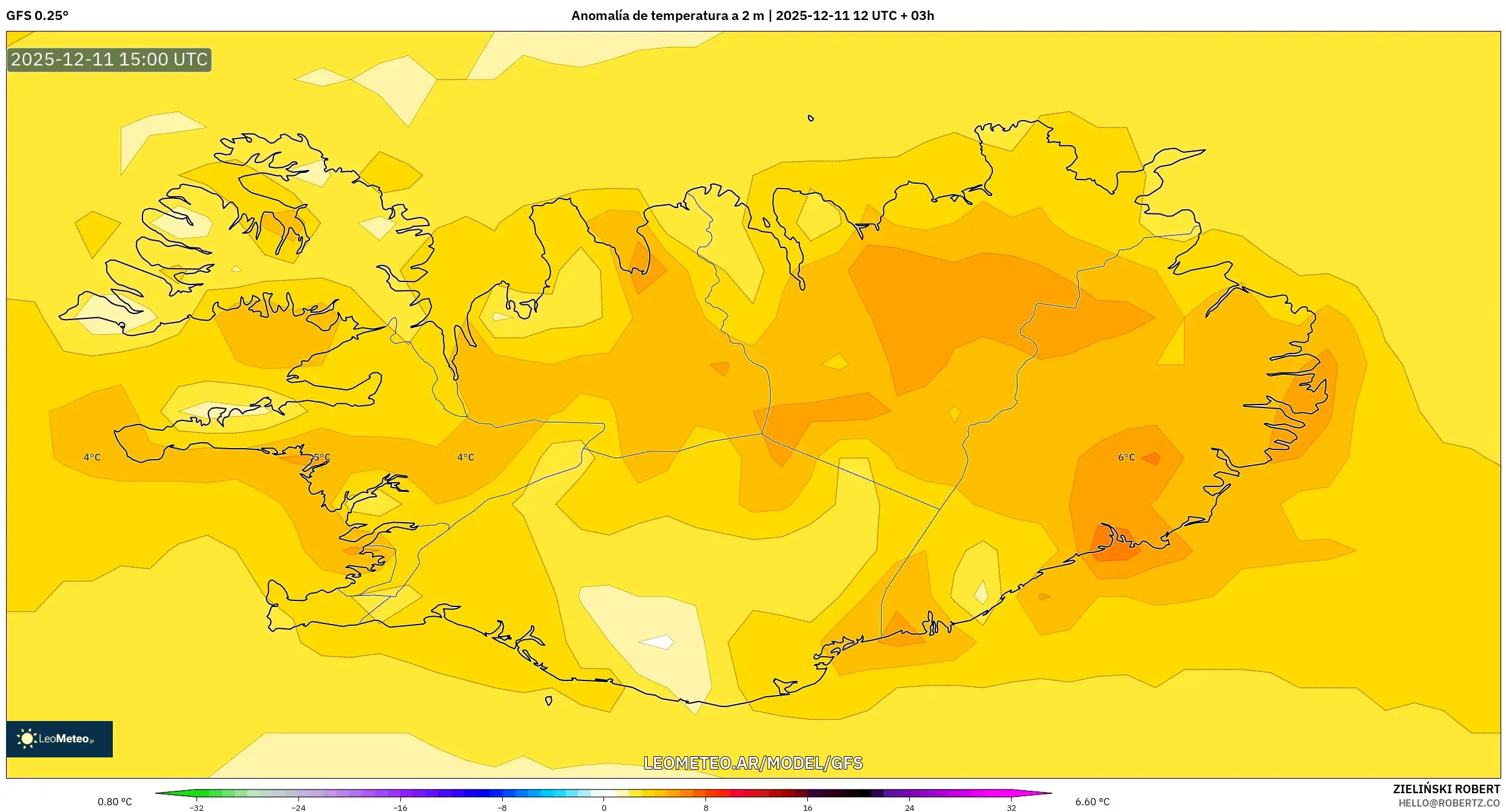 GFS model - Islandia, Anomalía de temperatura a 2 m