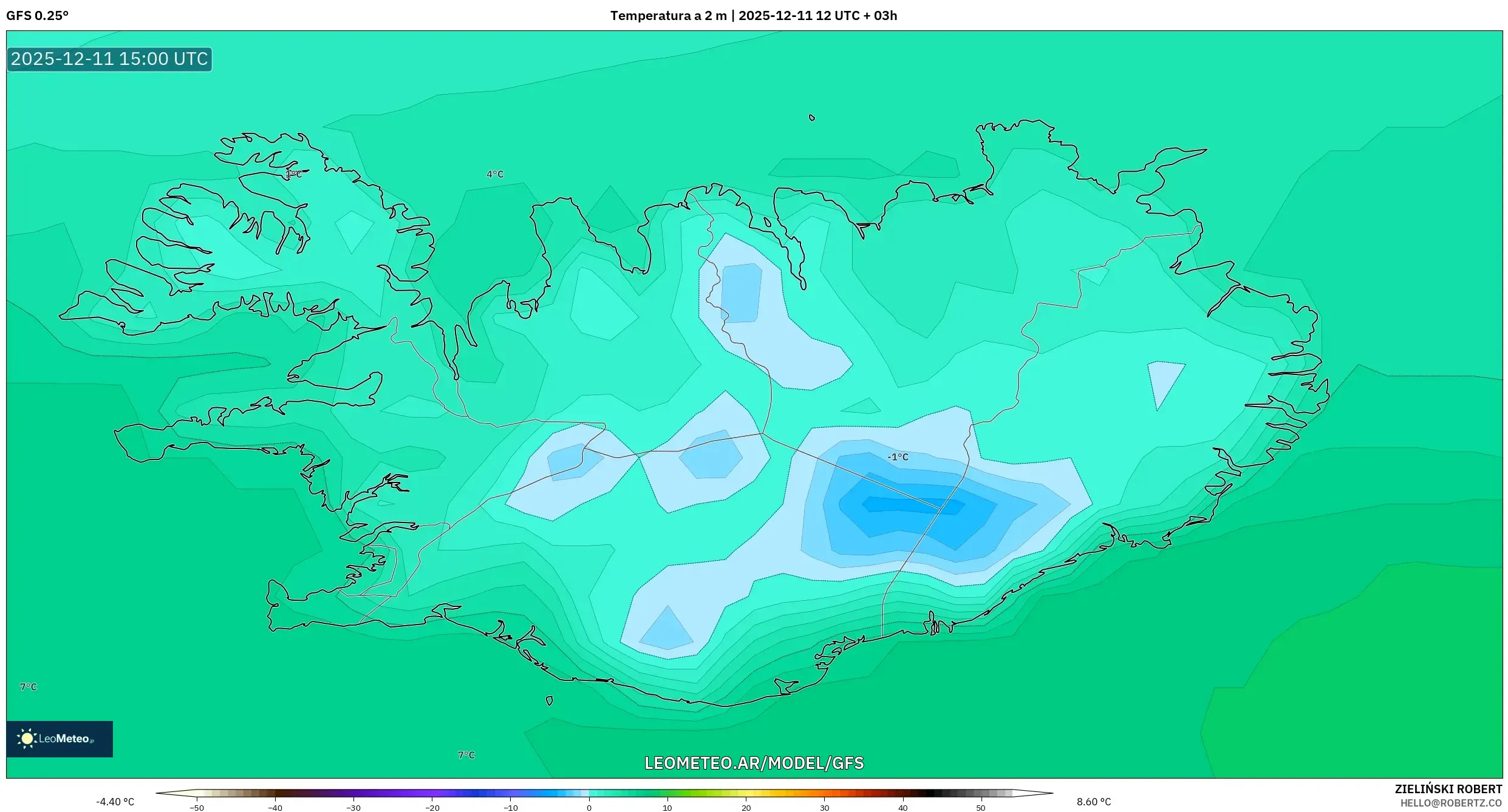 GFS model - Islandia, Temperatura a 2 m