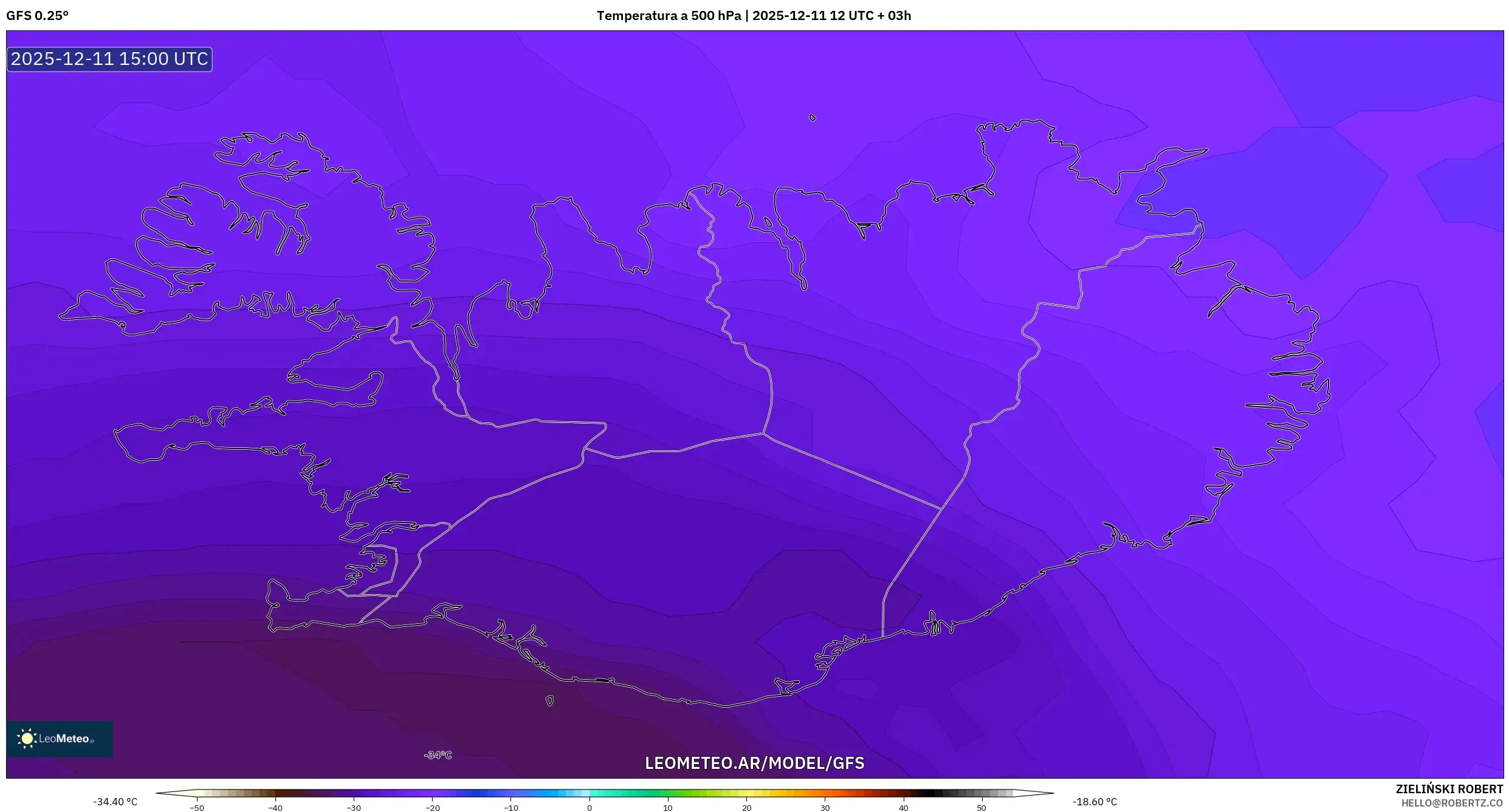 GFS model - Islandia, Temperatura a 500 hPa