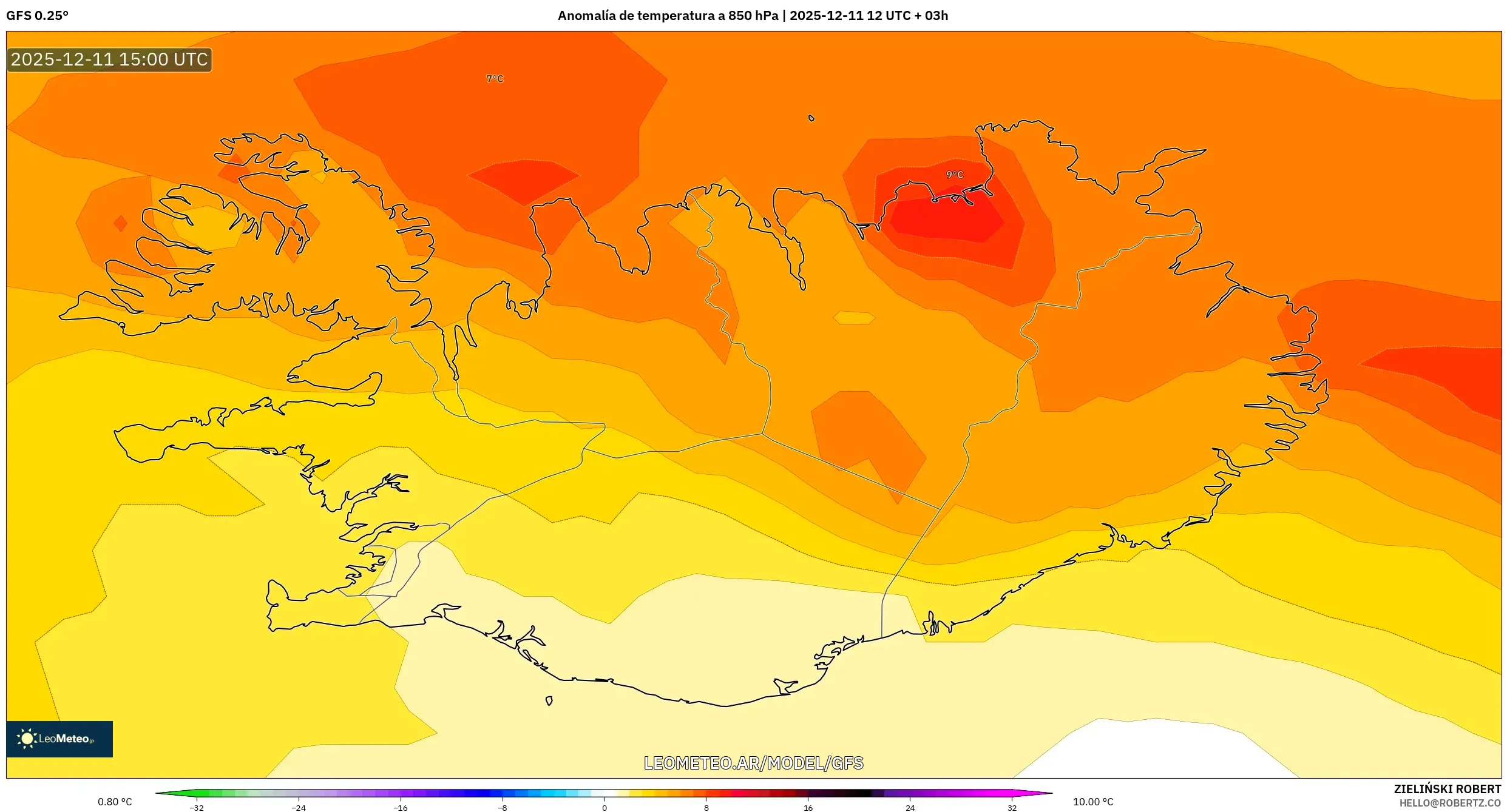 GFS model - Islandia, Anomalía de temperatura a 850 hPa