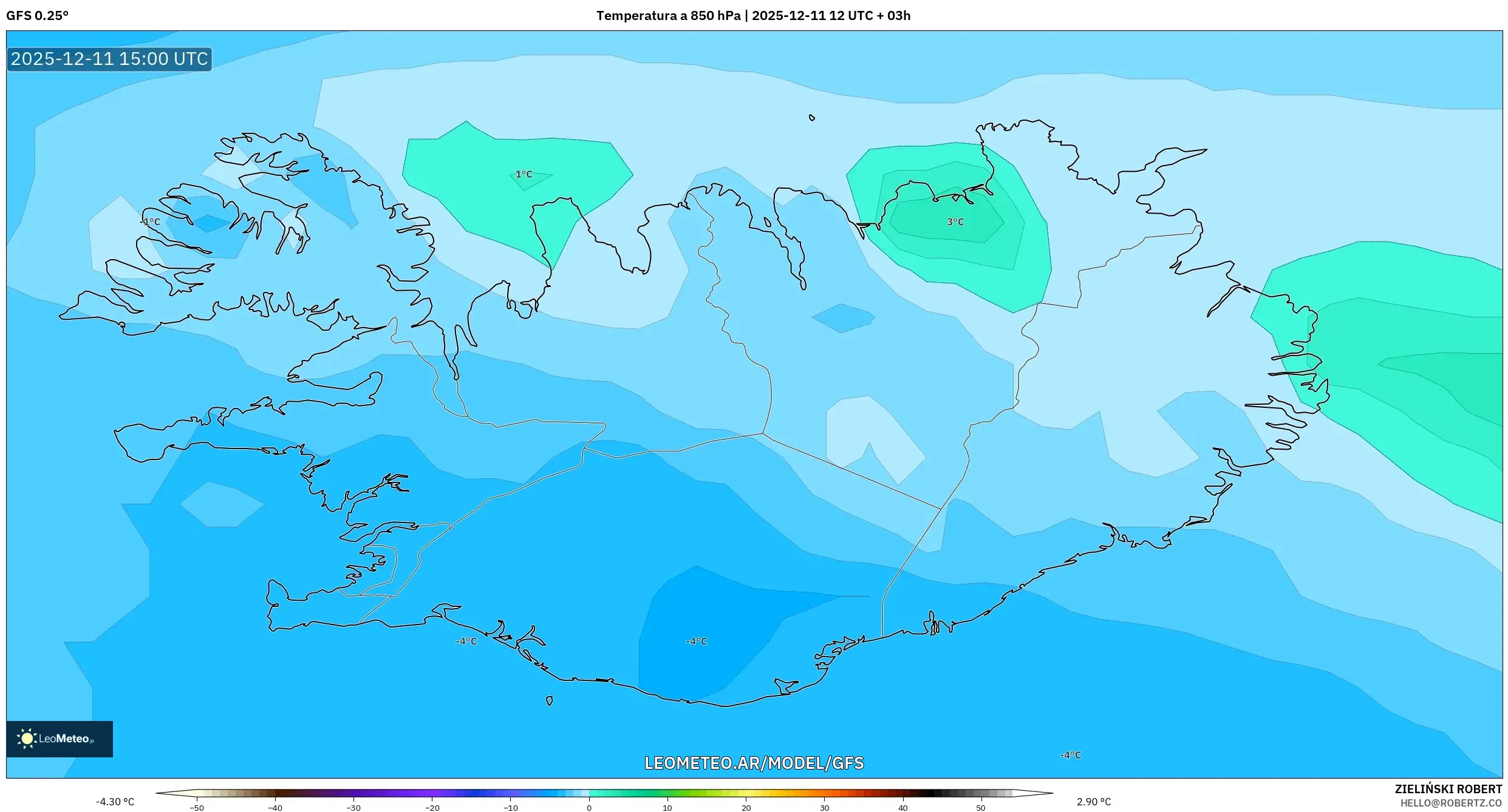 GFS model - Islandia, Temperatura a 850 hPa