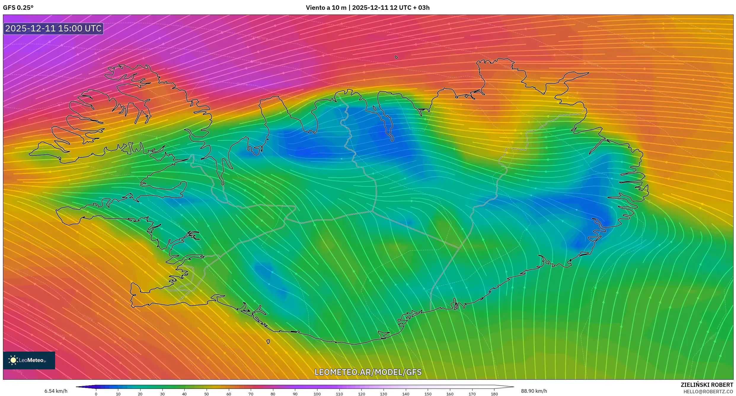 GFS model - Islandia, Viento a 10 m
