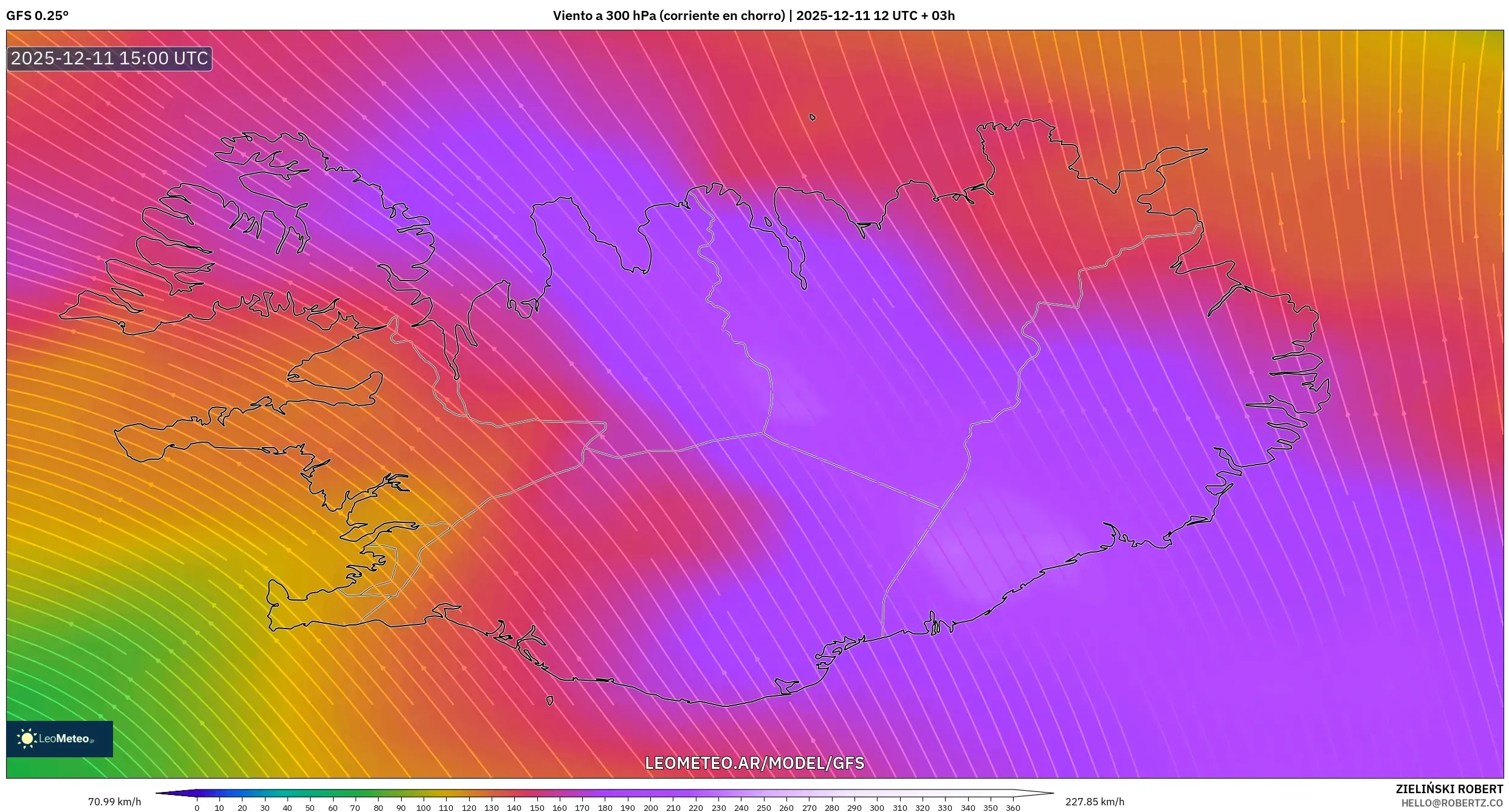 GFS model - Islandia, Viento a 300 hPa (corriente en chorro)