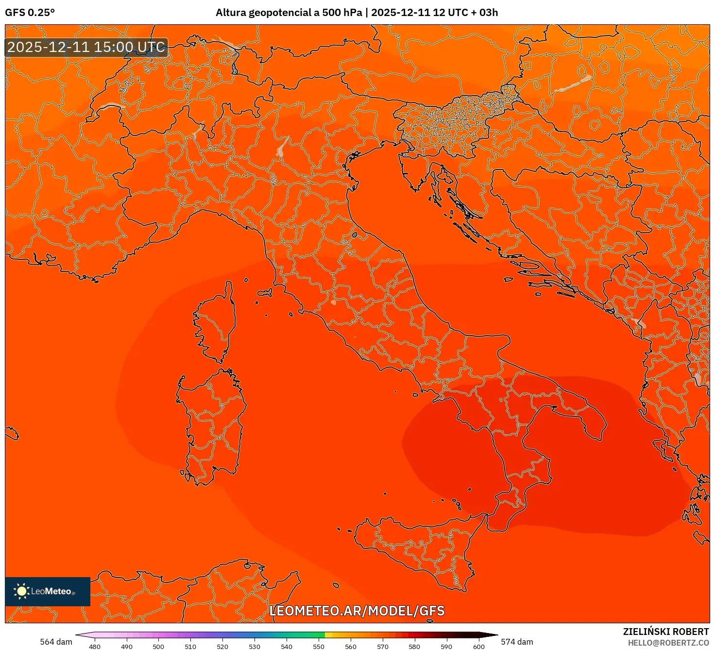 GFS model - Italia, Altura geopotencial a 500 hPa