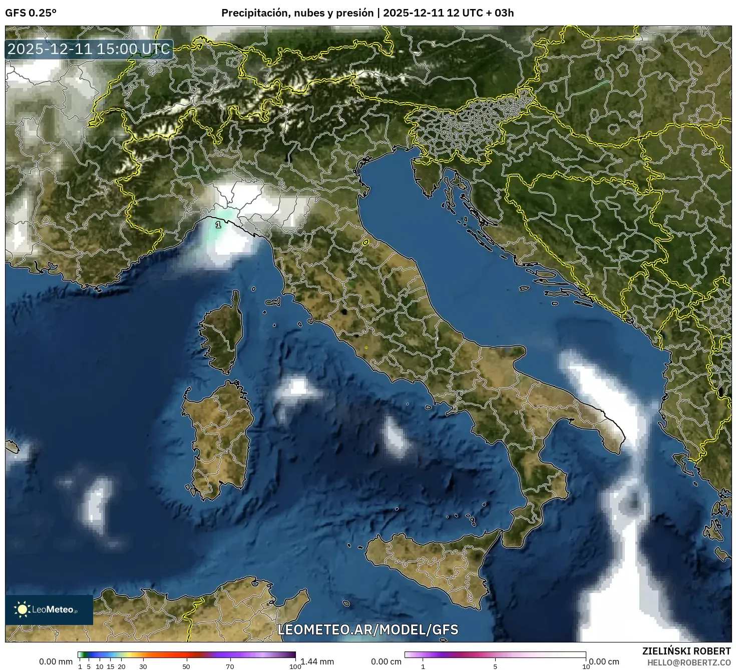 GFS model - Italia, Precipitación, nubes y presión