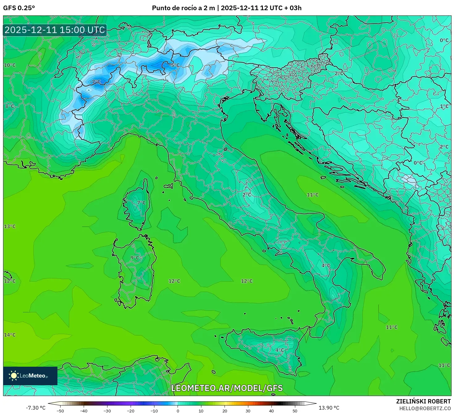 GFS model - Italia, Punto de rocío a 2 m