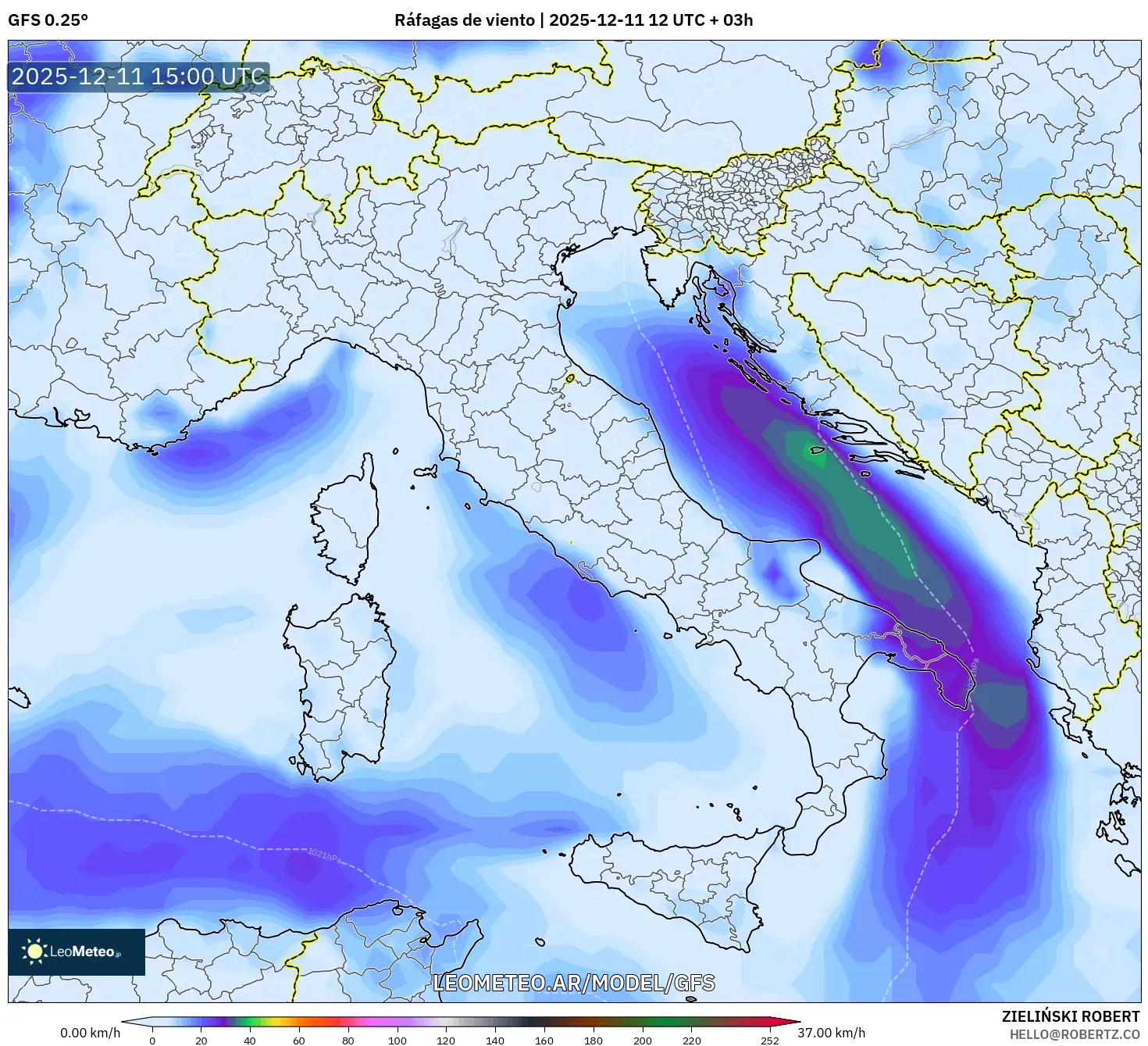 GFS model - Italia, Ráfagas de viento