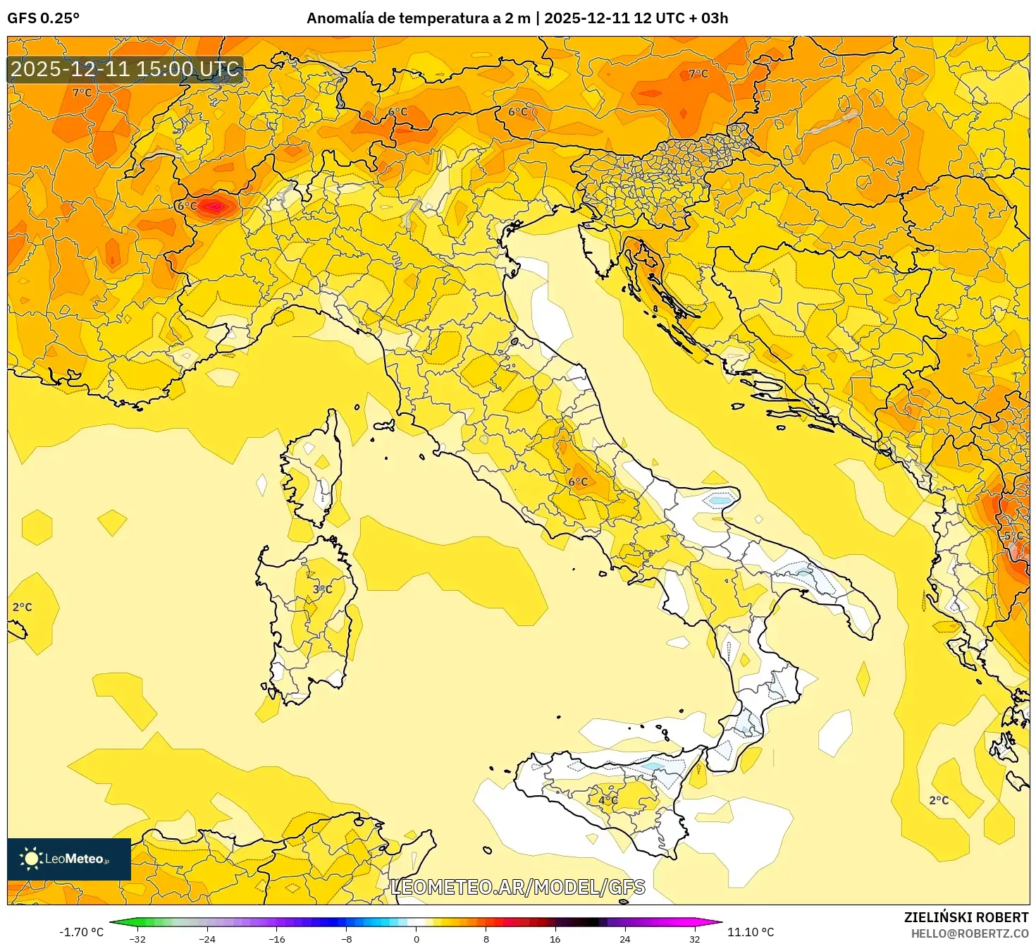 GFS model - Italia, Anomalía de temperatura a 2 m