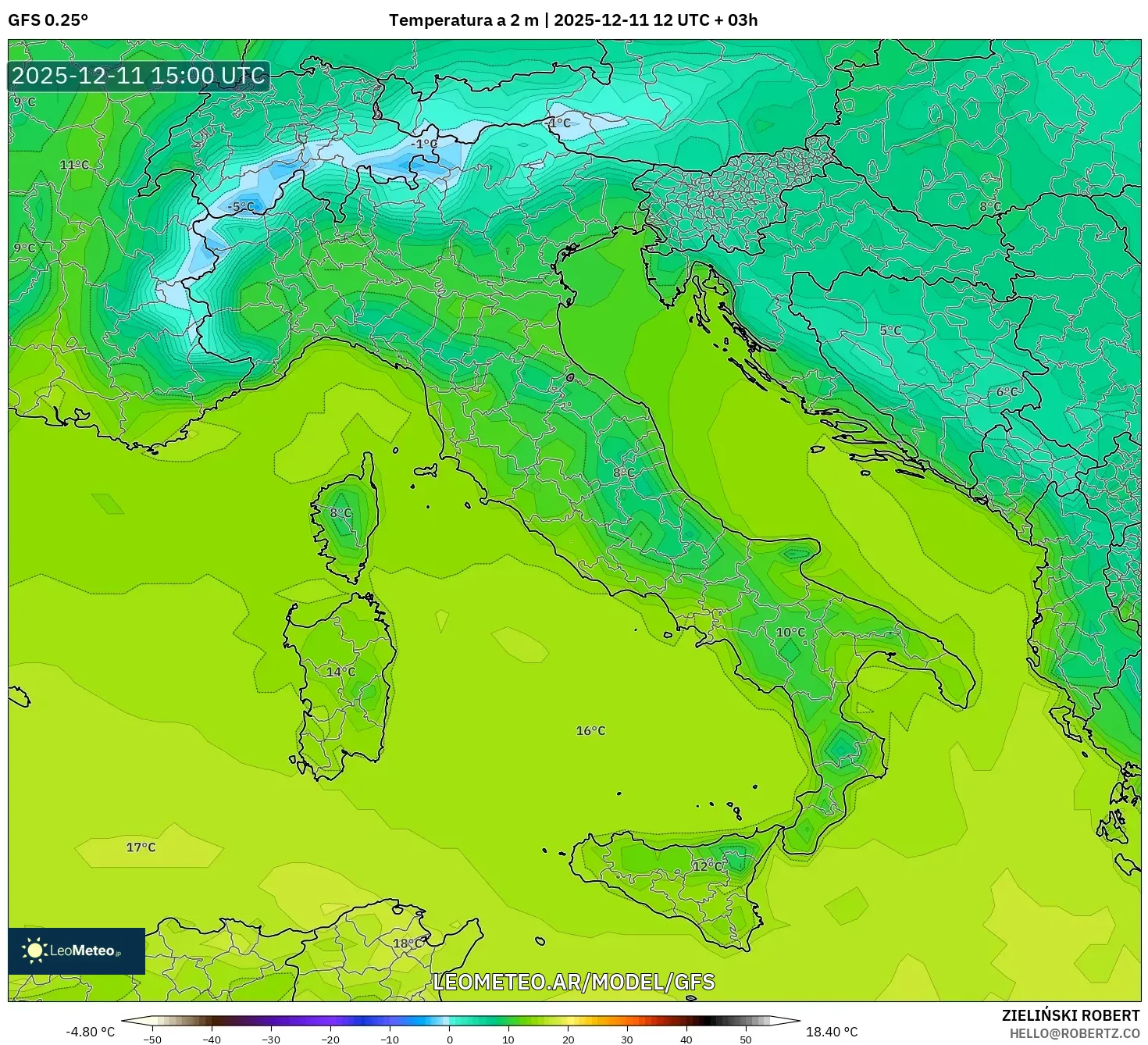 GFS model - Italia, Temperatura a 2 m