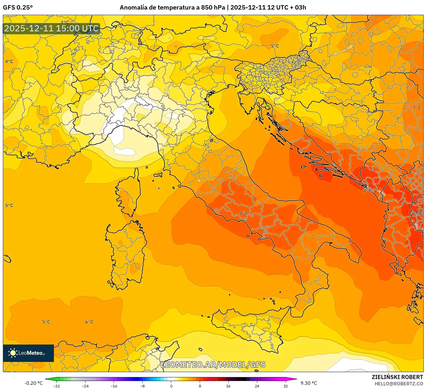 GFS model - Italia, Anomalía de temperatura a 850 hPa