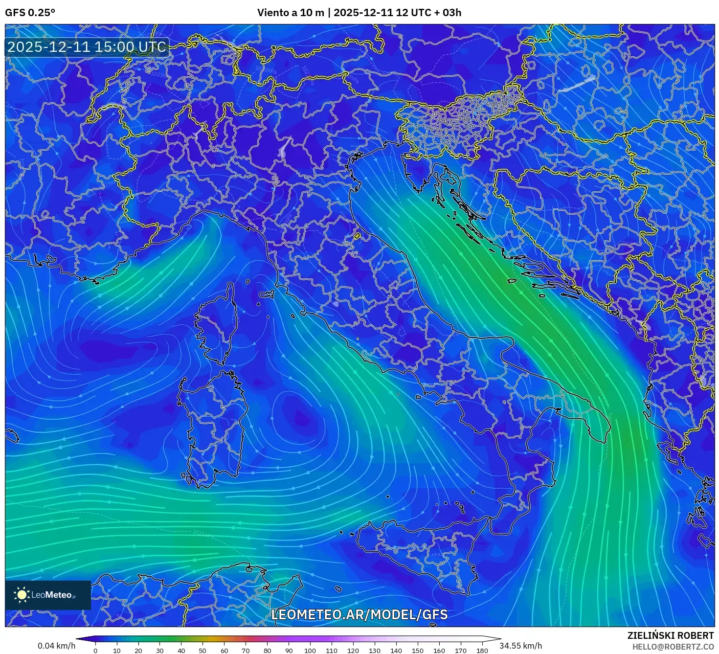 GFS model - Italia, Viento a 10 m