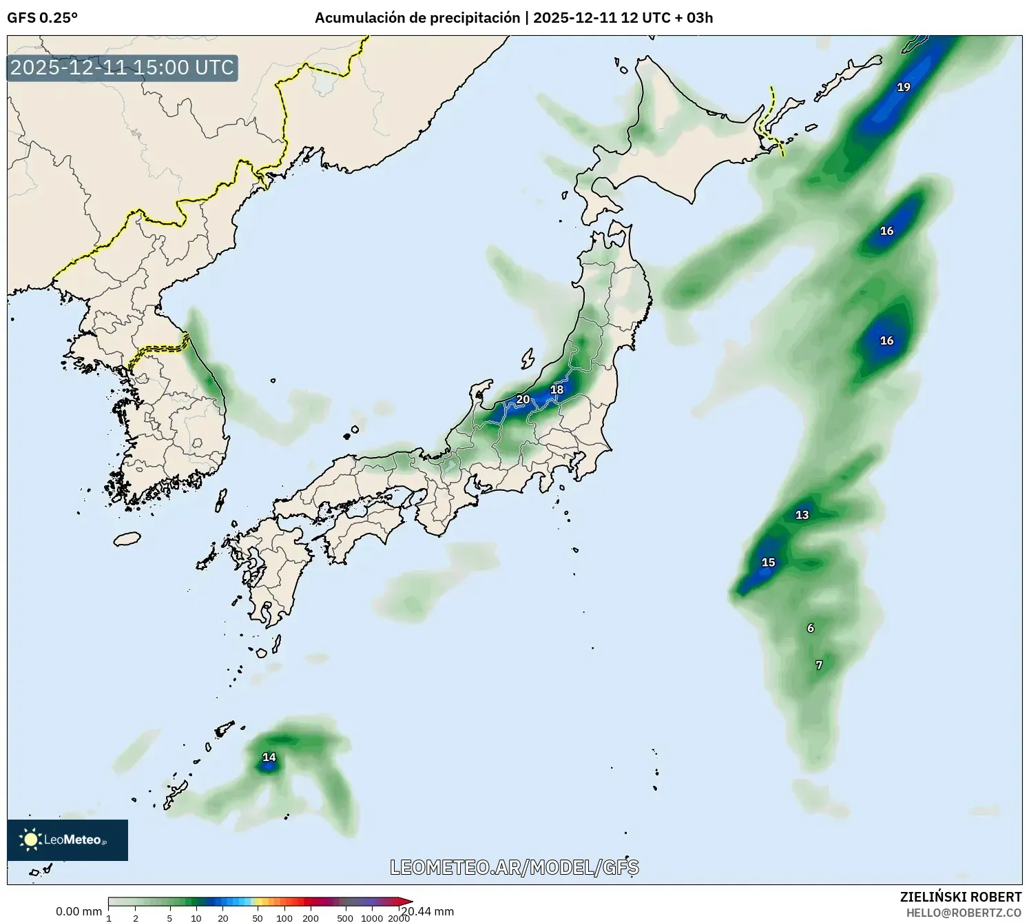 GFS model - Japón, Acumulación de precipitación
