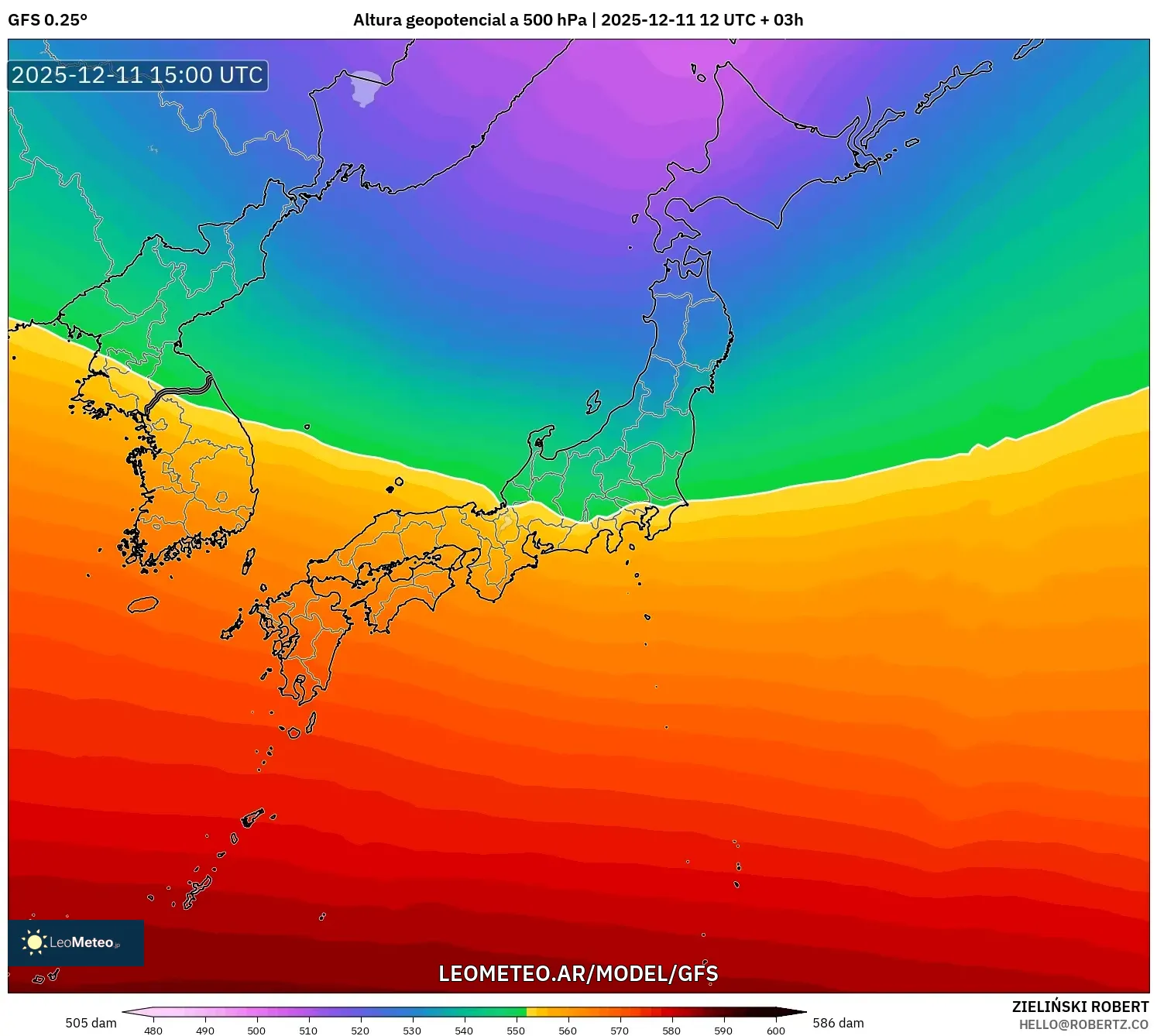 GFS model - Japón, Altura geopotencial a 500 hPa