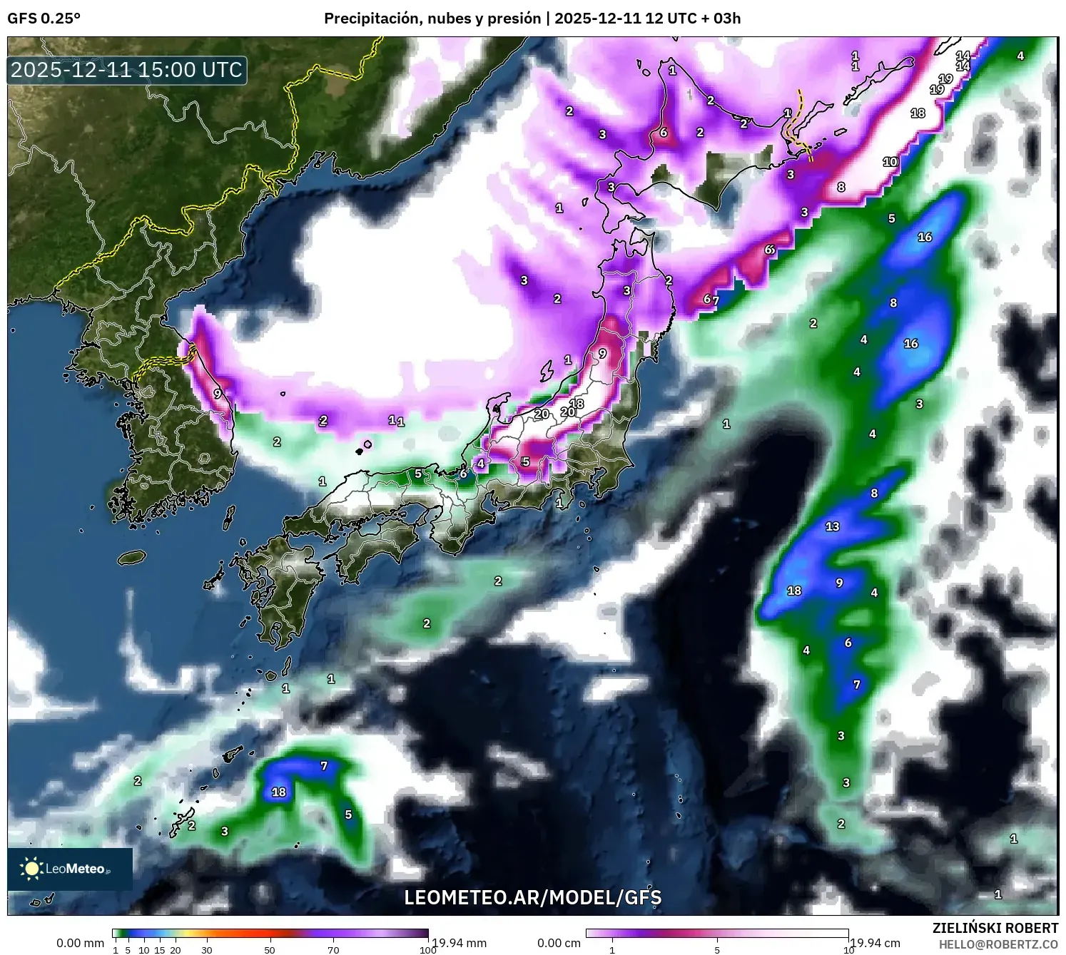 GFS model - Japón, Precipitación, nubes y presión