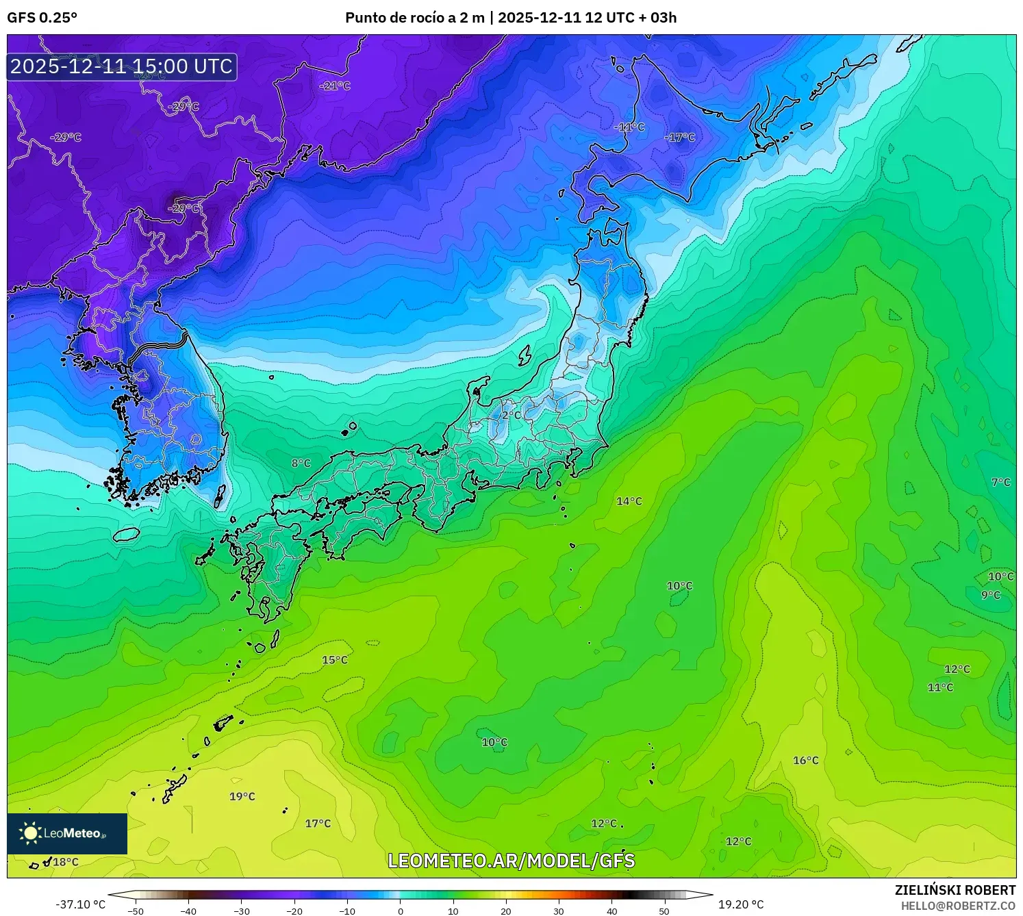 GFS model - Japón, Punto de rocío a 2 m