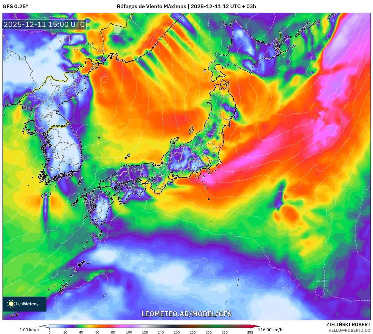 GFS model - Japón, Ráfagas de Viento Máximas