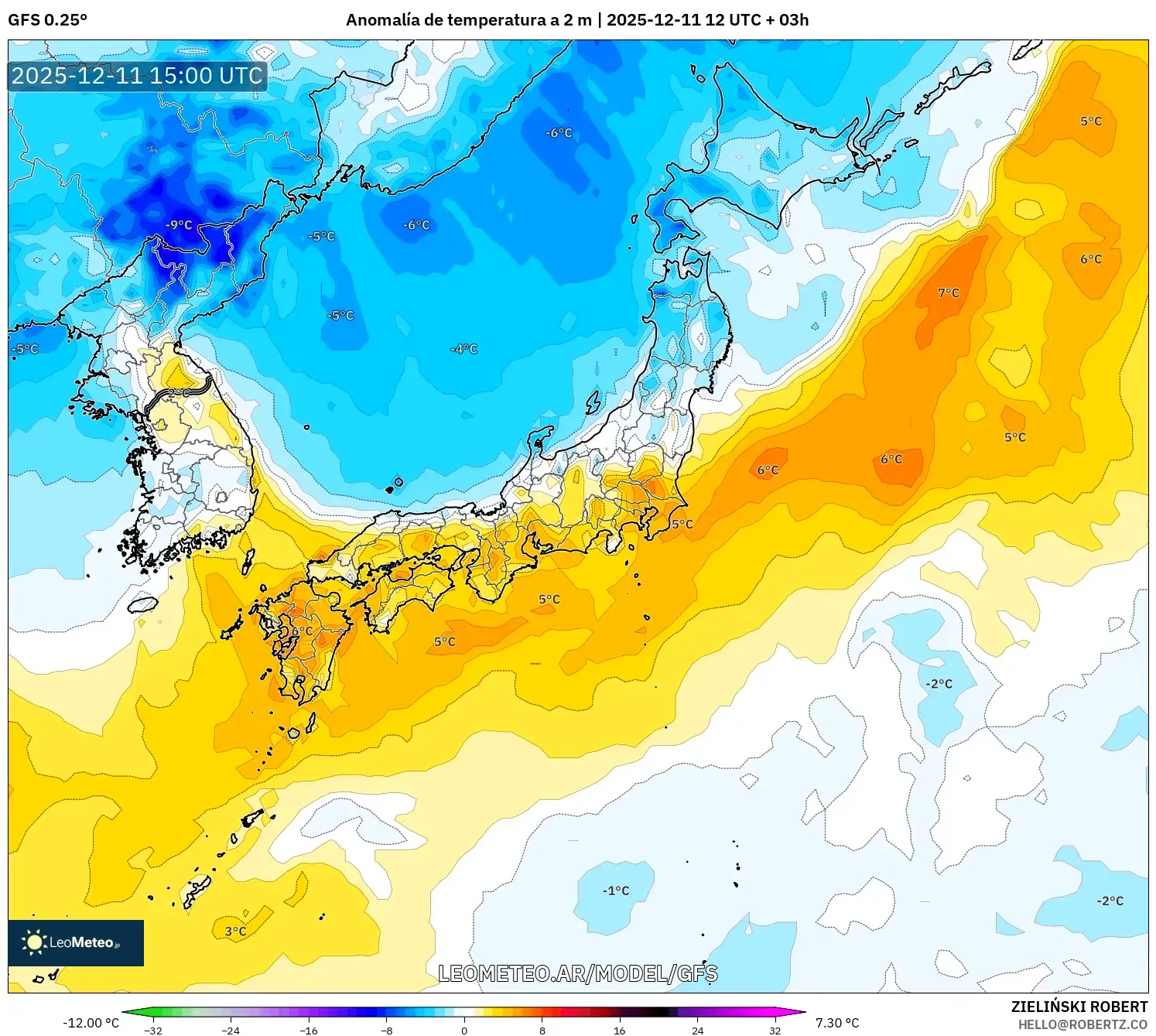 GFS model - Japón, Anomalía de temperatura a 2 m