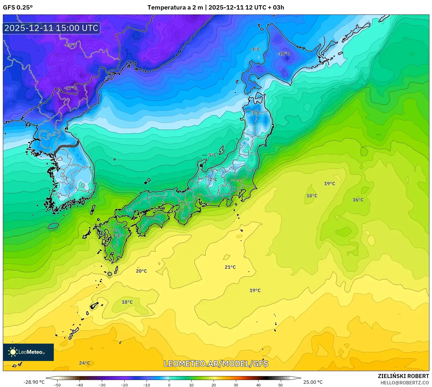 GFS model - Japón, Temperatura a 2 m