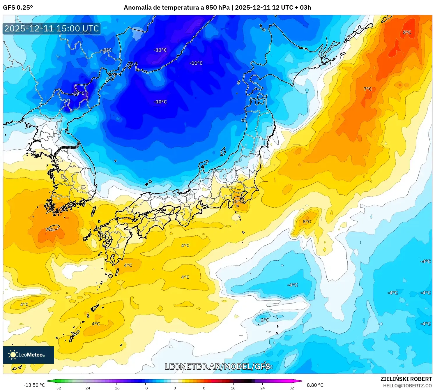 GFS model - Japón, Anomalía de temperatura a 850 hPa