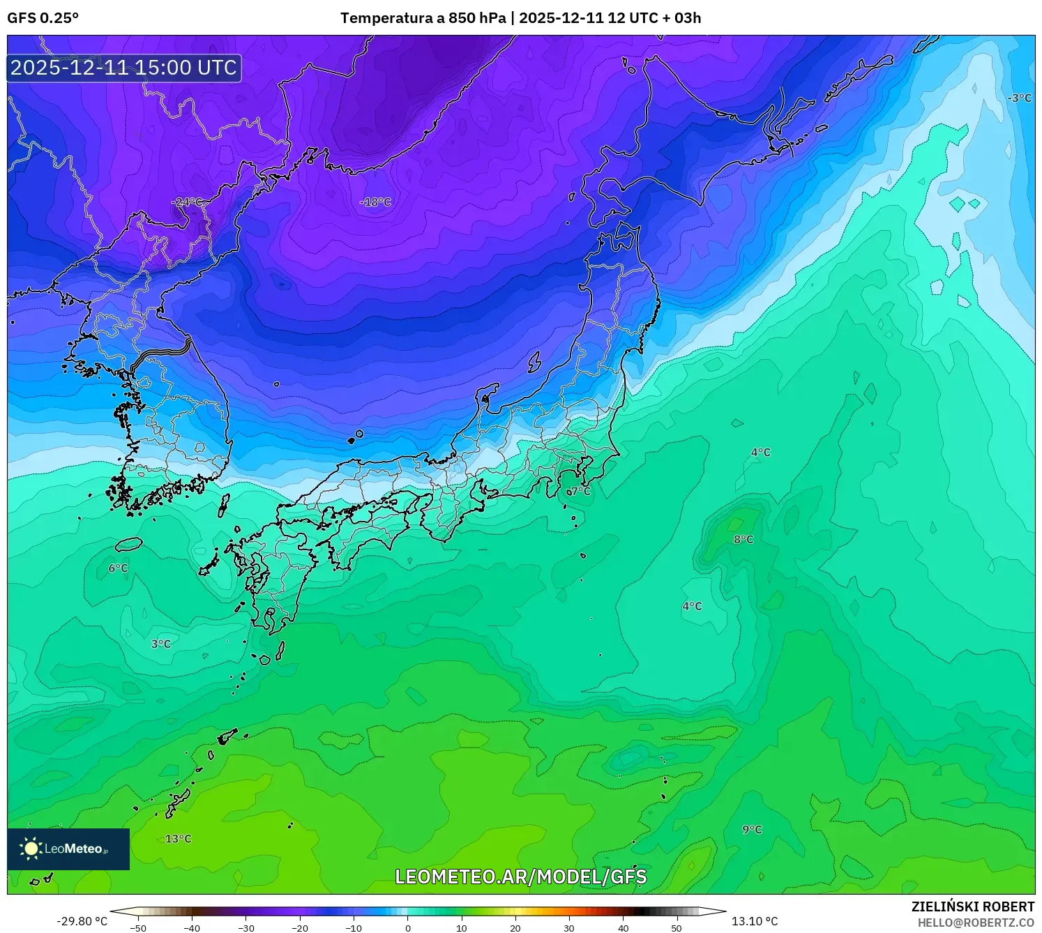 GFS model - Japón, Temperatura a 850 hPa