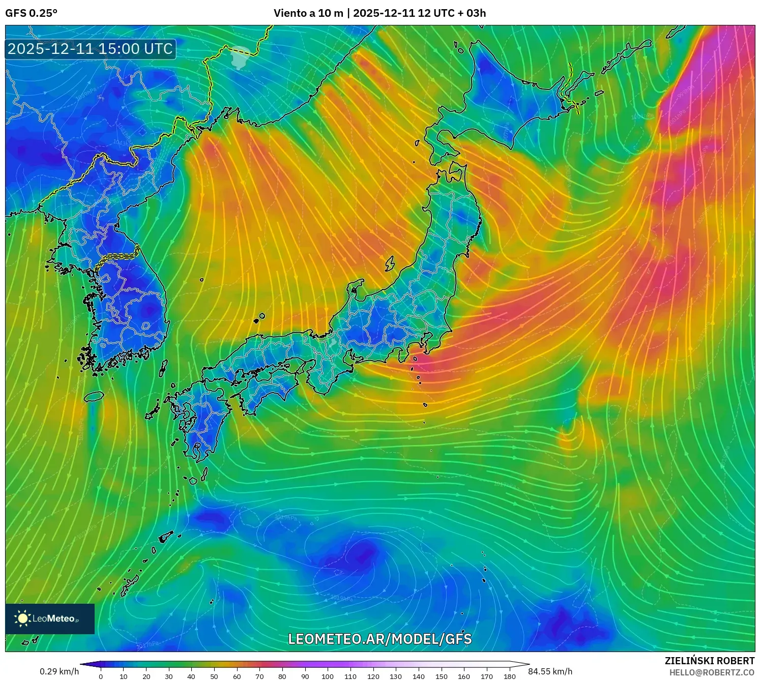 GFS model - Japón, Viento a 10 m