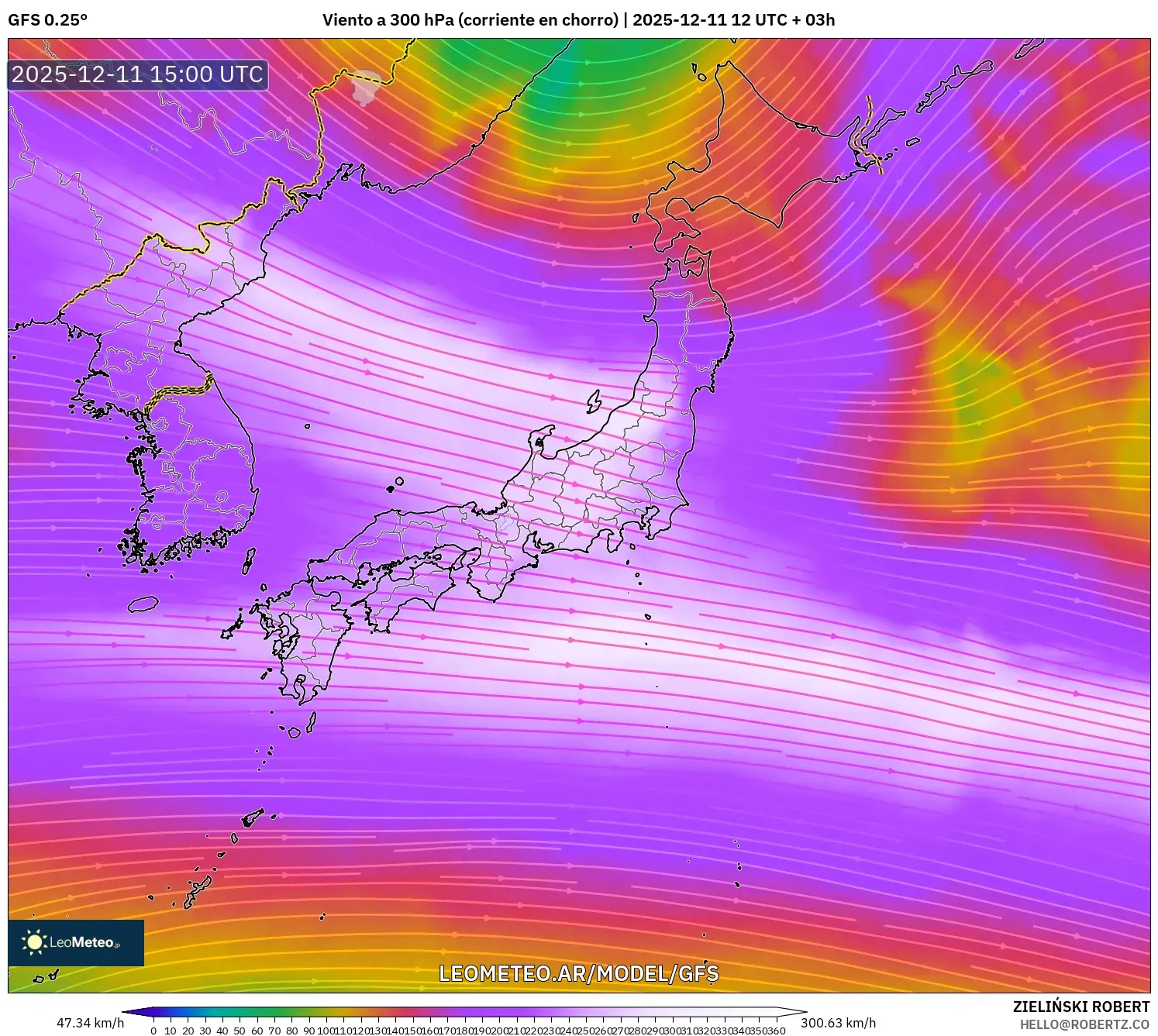 GFS model - Japón, Viento a 300 hPa (corriente en chorro)