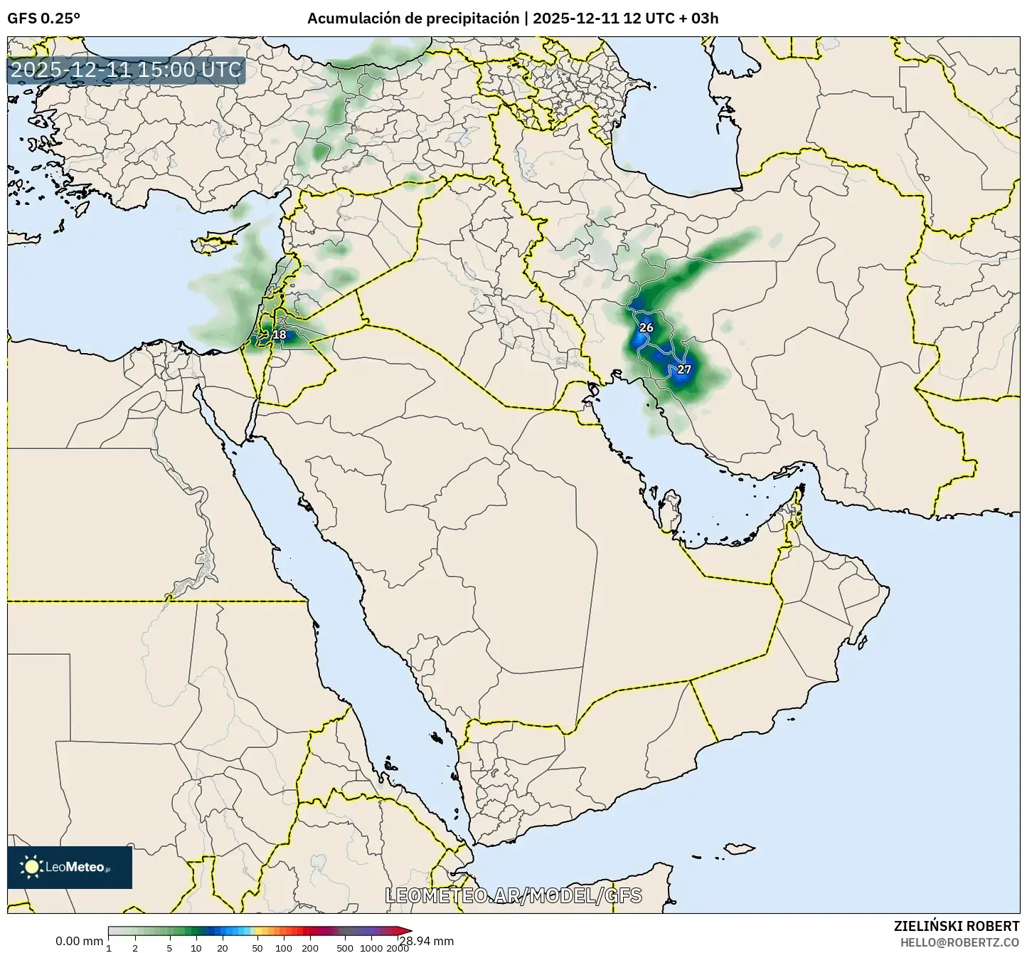 GFS model - Oriente Medio, Acumulación de precipitación