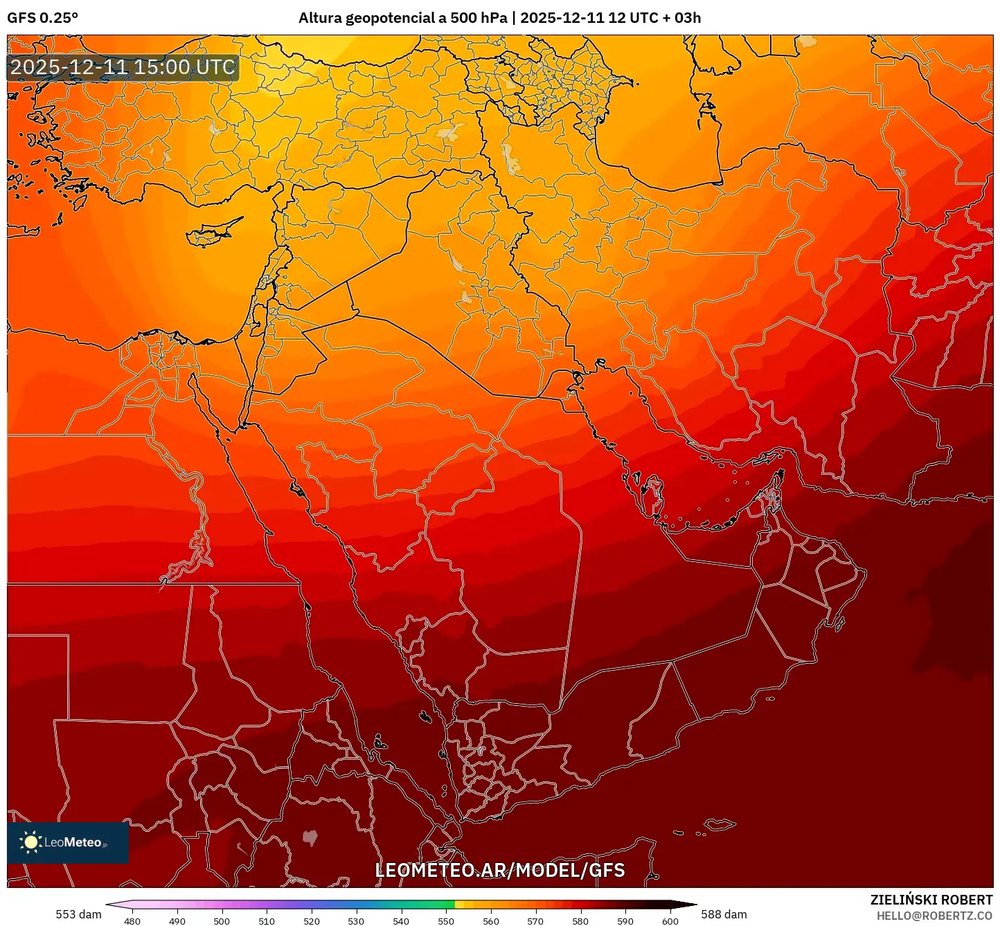 GFS model - Oriente Medio, Altura geopotencial a 500 hPa