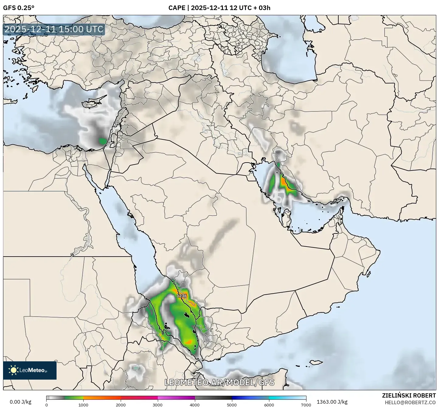 GFS model - Oriente Medio, CAPE