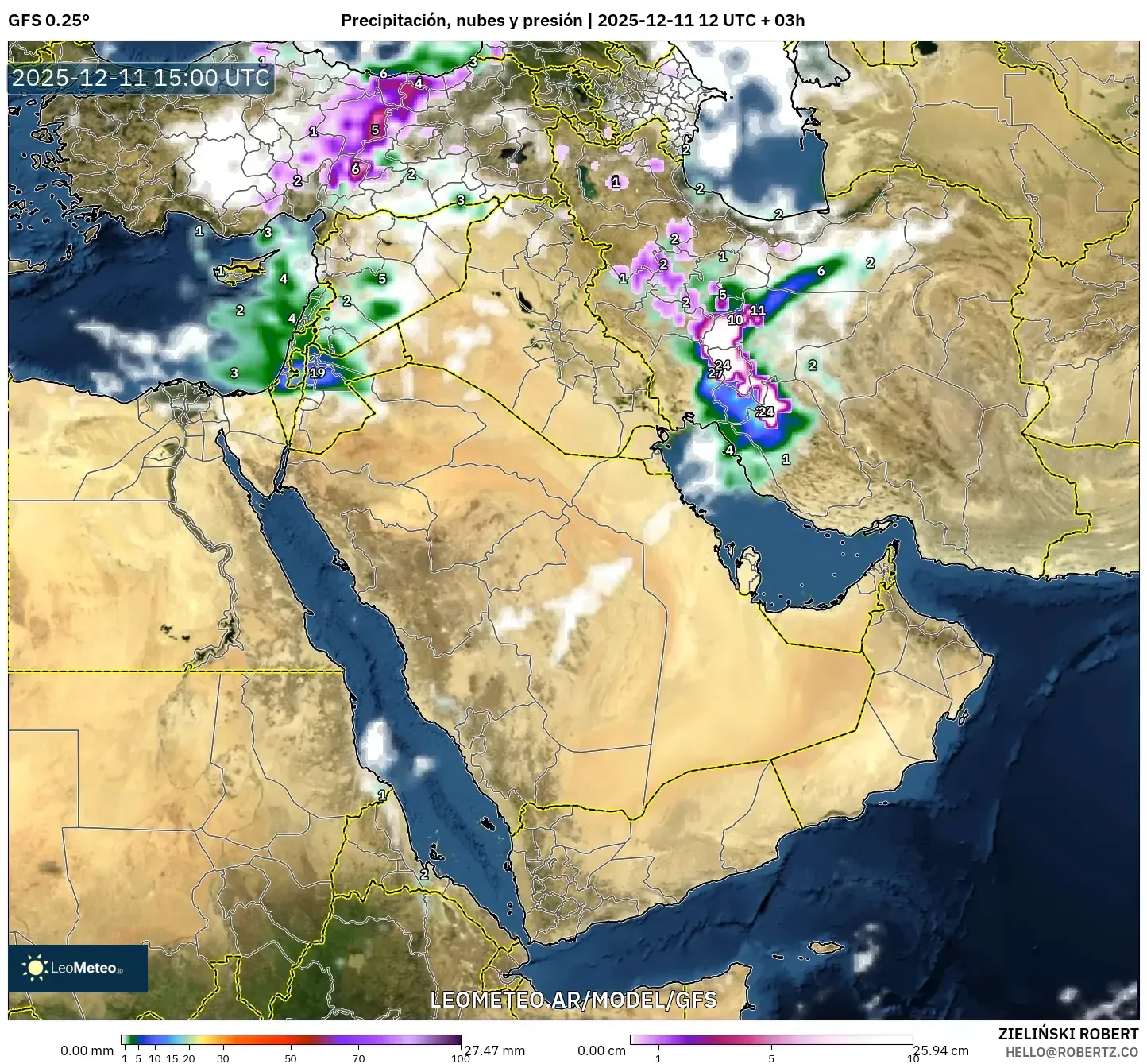GFS model - Oriente Medio, Precipitación, nubes y presión