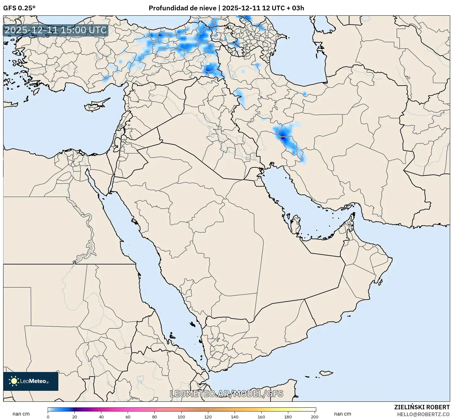 GFS model - Oriente Medio, Profundidad de nieve