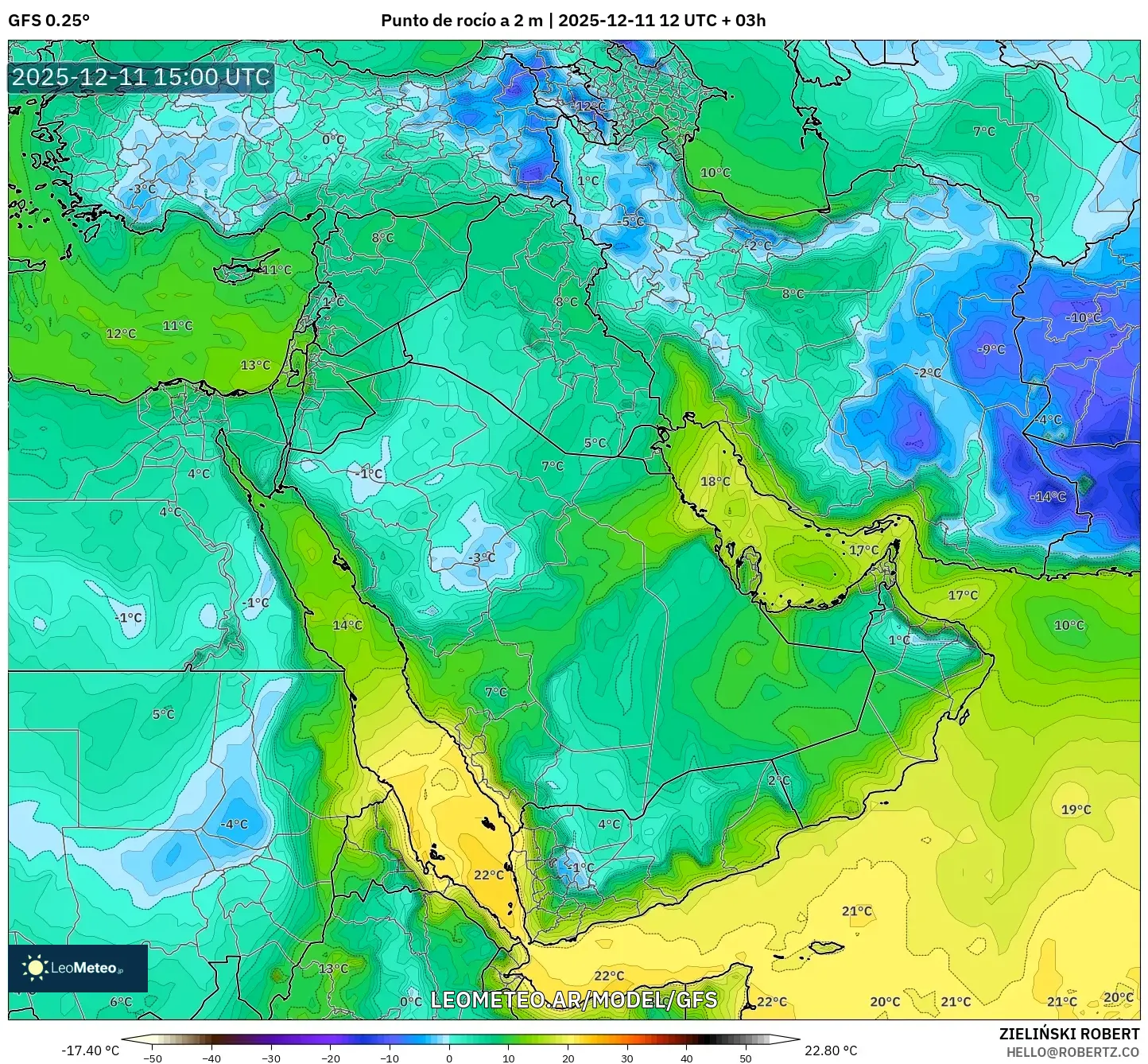 GFS model - Oriente Medio, Punto de rocío a 2 m