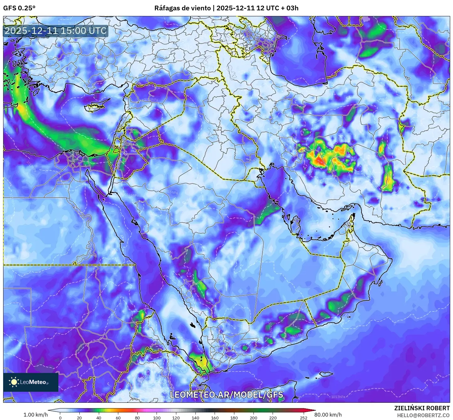 GFS model - Oriente Medio, Ráfagas de viento