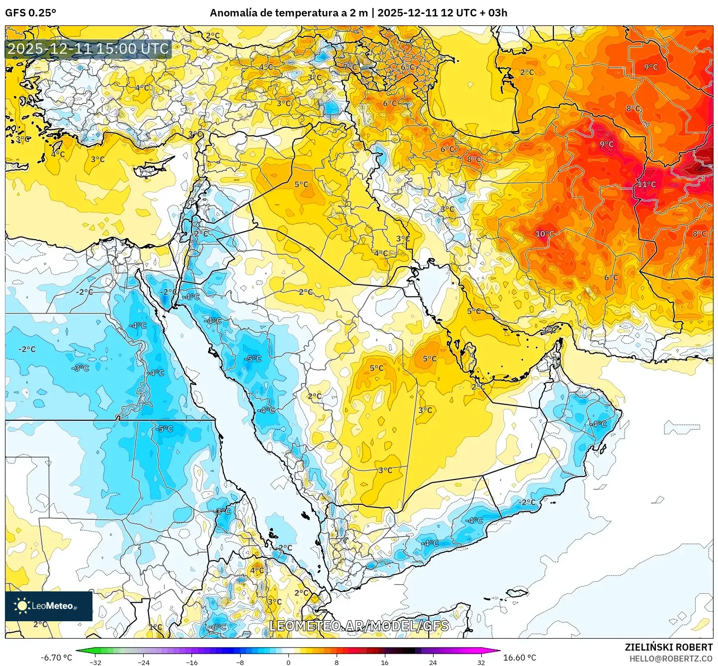 GFS model - Oriente Medio, Anomalía de temperatura a 2 m