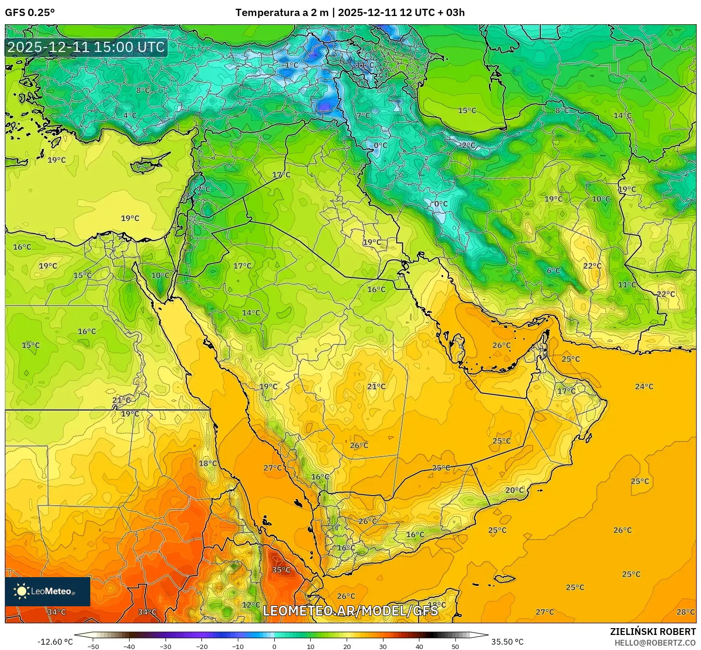 GFS model - Oriente Medio, Temperatura a 2 m