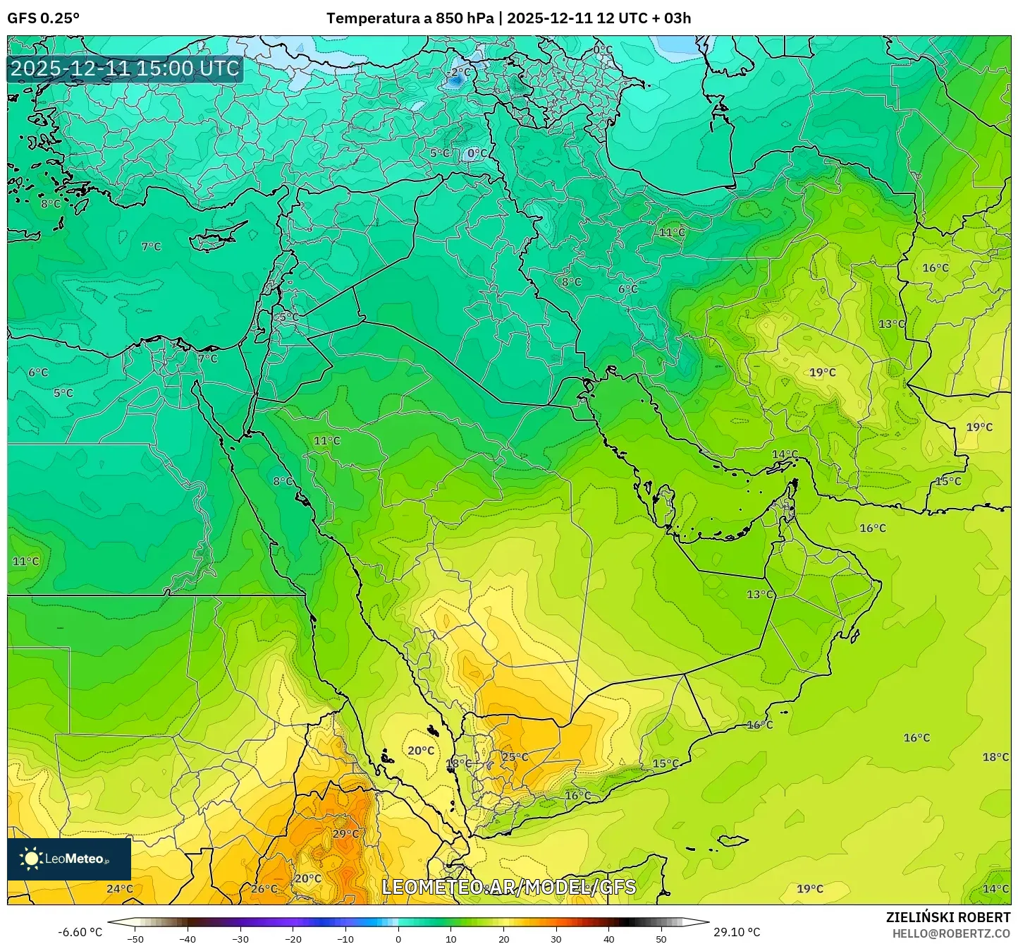 GFS model - Oriente Medio, Temperatura a 850 hPa