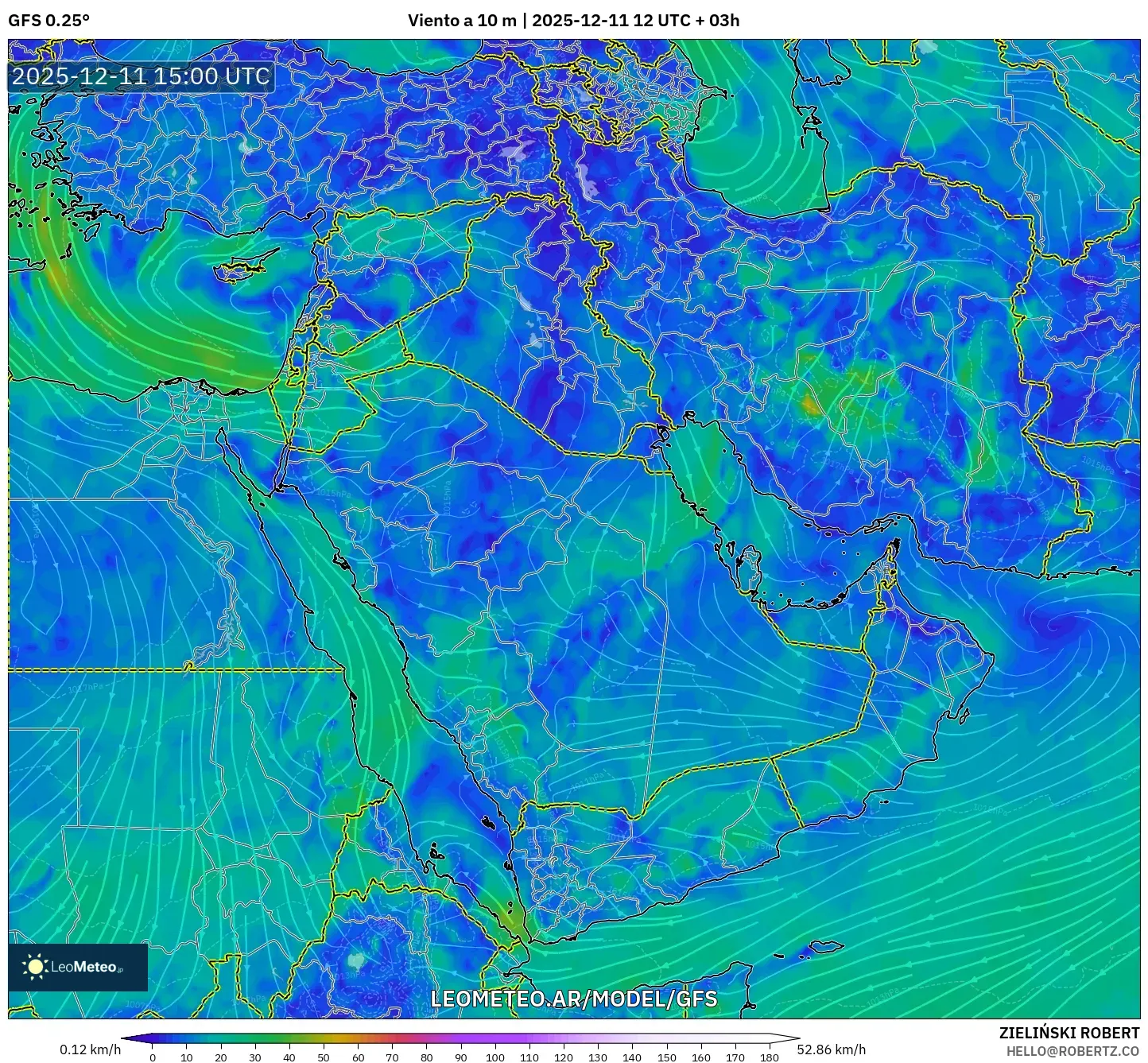 GFS model - Oriente Medio, Viento a 10 m