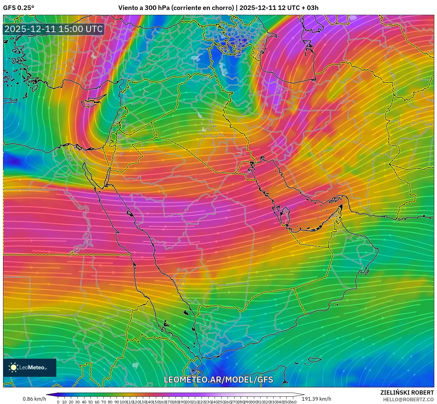 GFS model - Oriente Medio, Viento a 300 hPa (corriente en chorro)