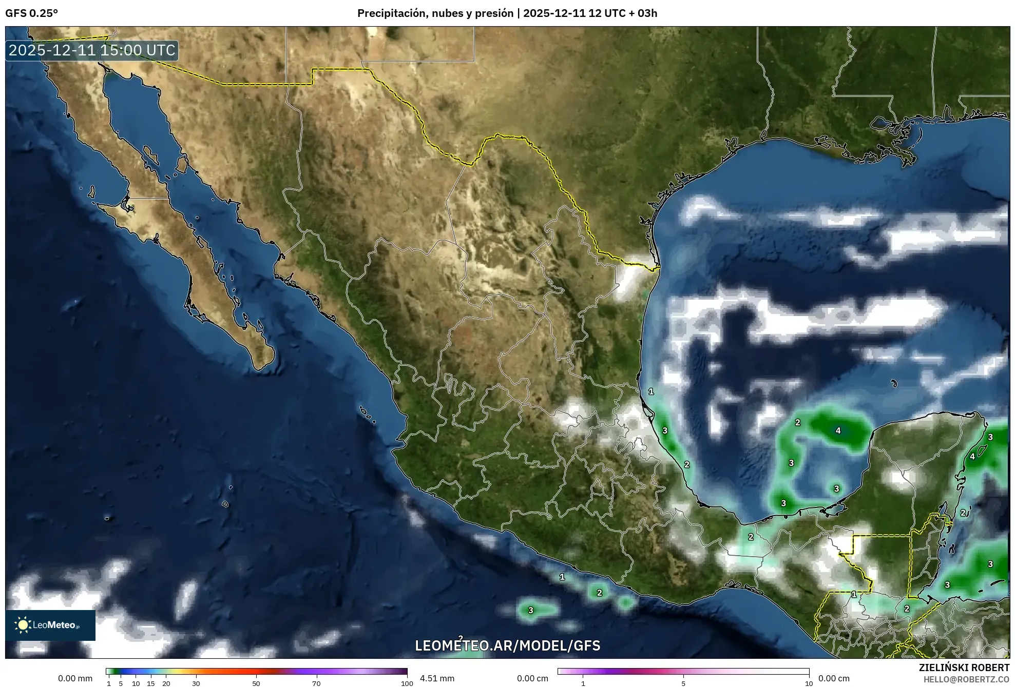 GFS model - México, Precipitación, nubes y presión