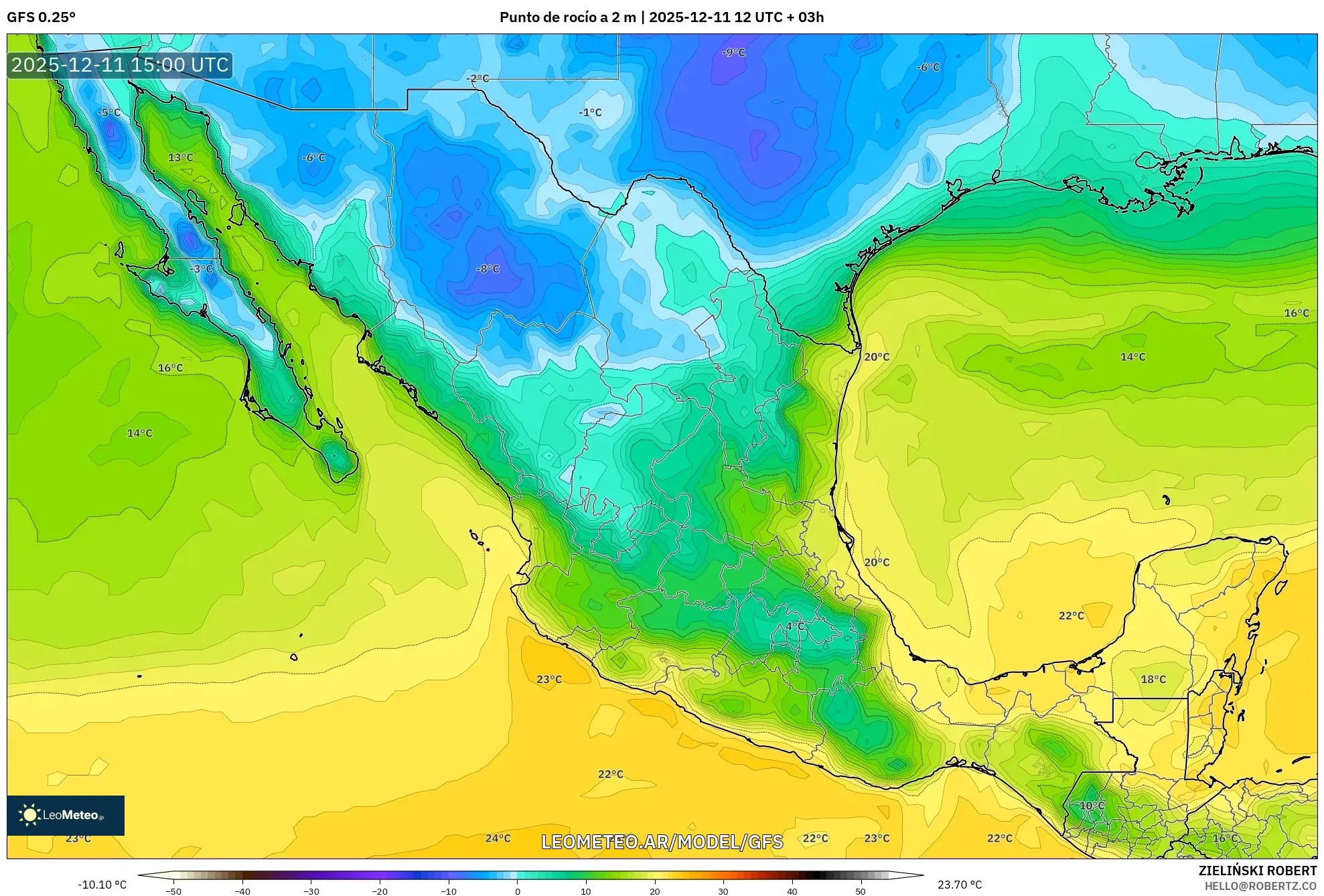 GFS model - México, Punto de rocío a 2 m